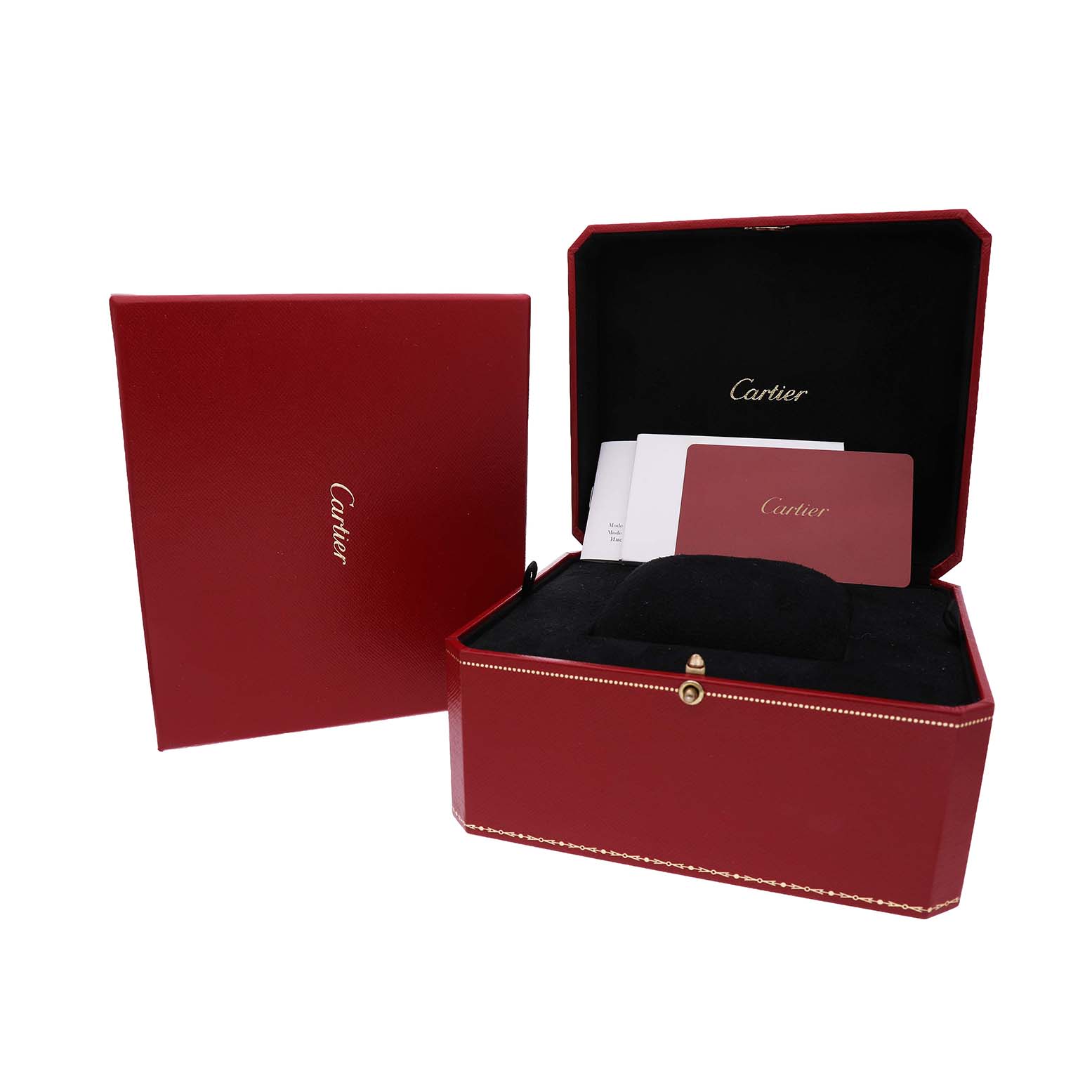 The image shows the packaging accessories for the Cartier Ballon Bleu W3BB0005 Women's Steel and Gold (two tone) Silver Dial watch, including a red box and papers.