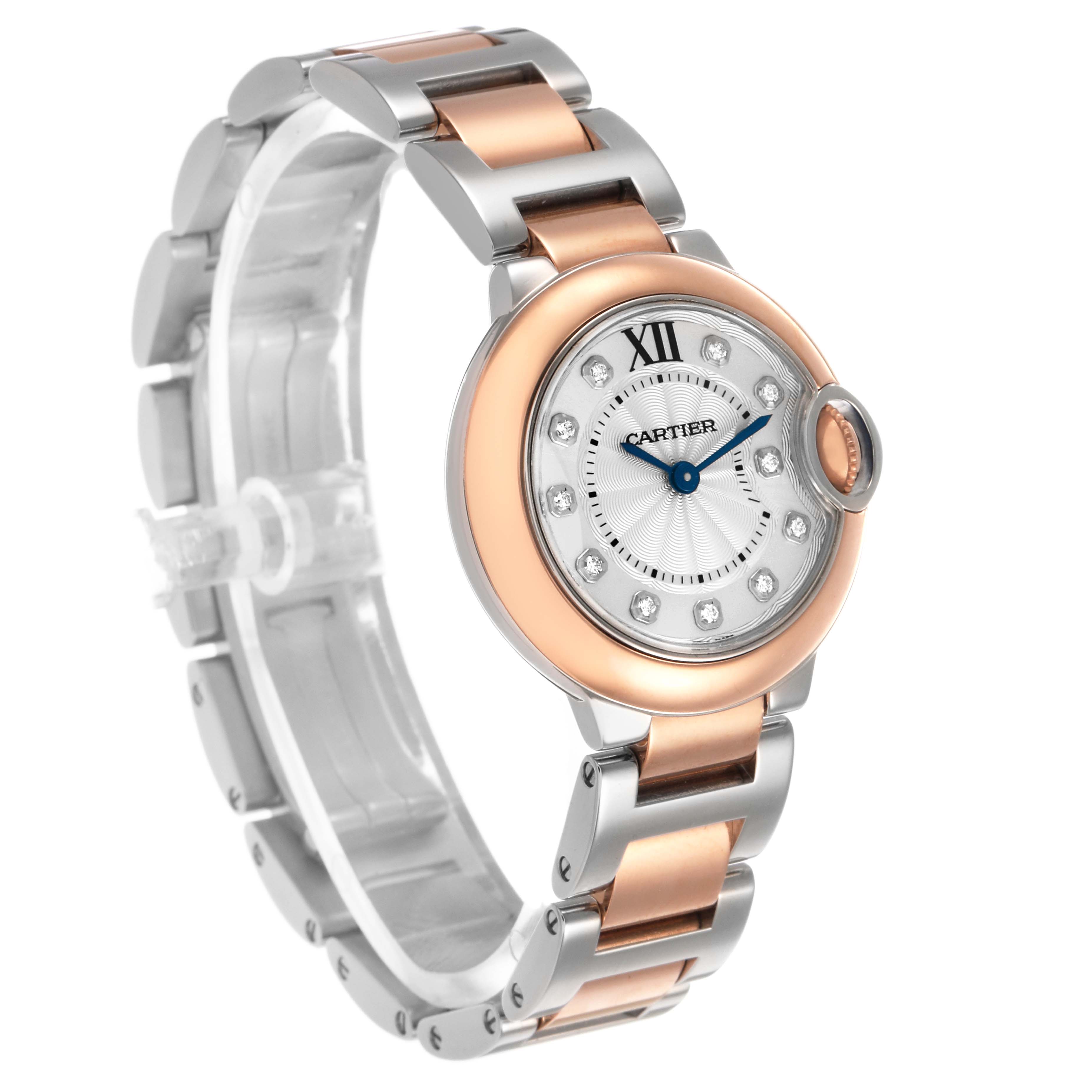 The Cartier Ballon Bleu W3BB0005 Women's Steel and Gold (two tone) Silver Dial watch is shown at an angled side view, highlighting the dial, bezel, and dual-tone bracelet.