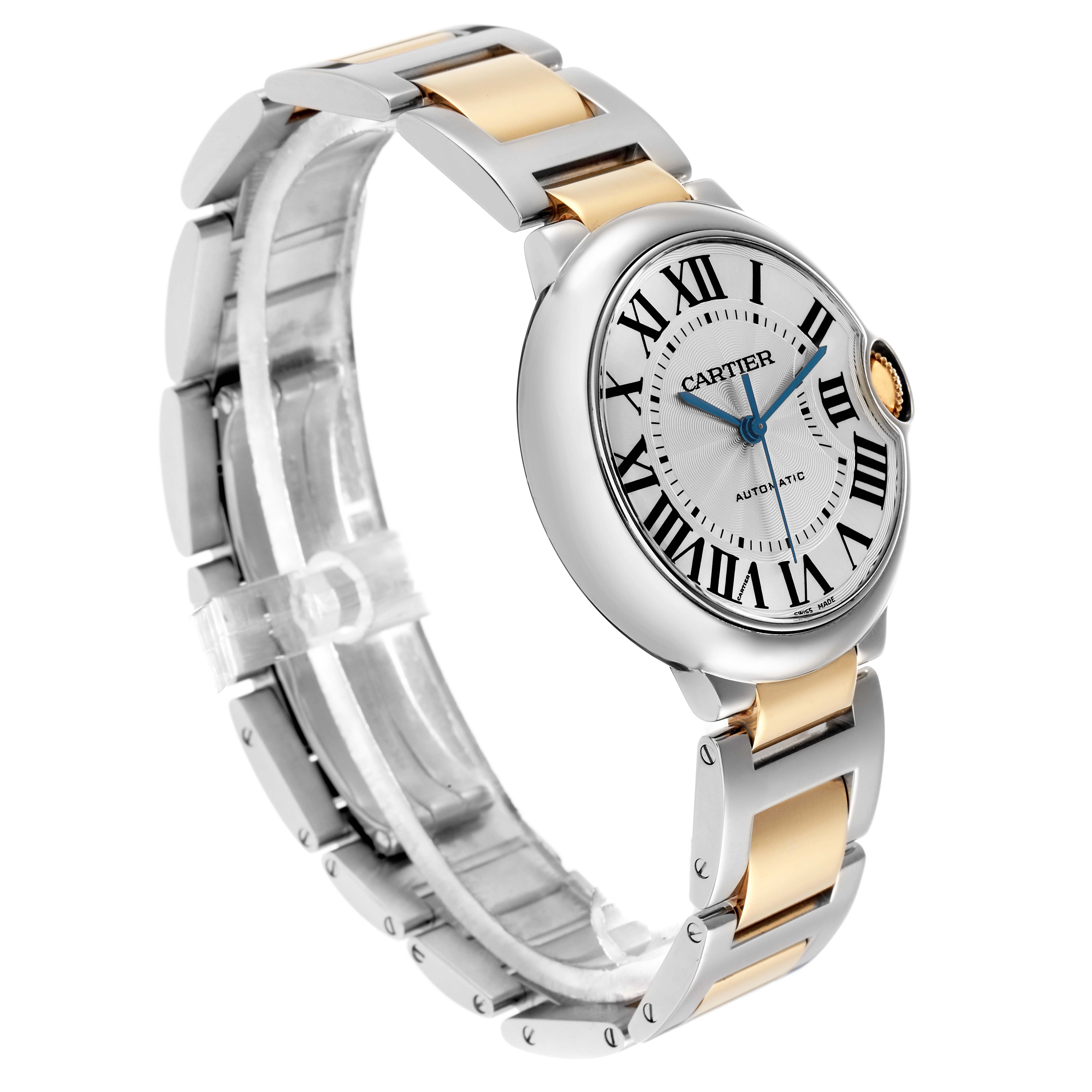 The Cartier Ballon Bleu W2BB0012 Men
s Steel and Gold (two tone) Silver Dial watch is shown at an angled view, displaying its face, bezel, and two-tone metal bracelet.