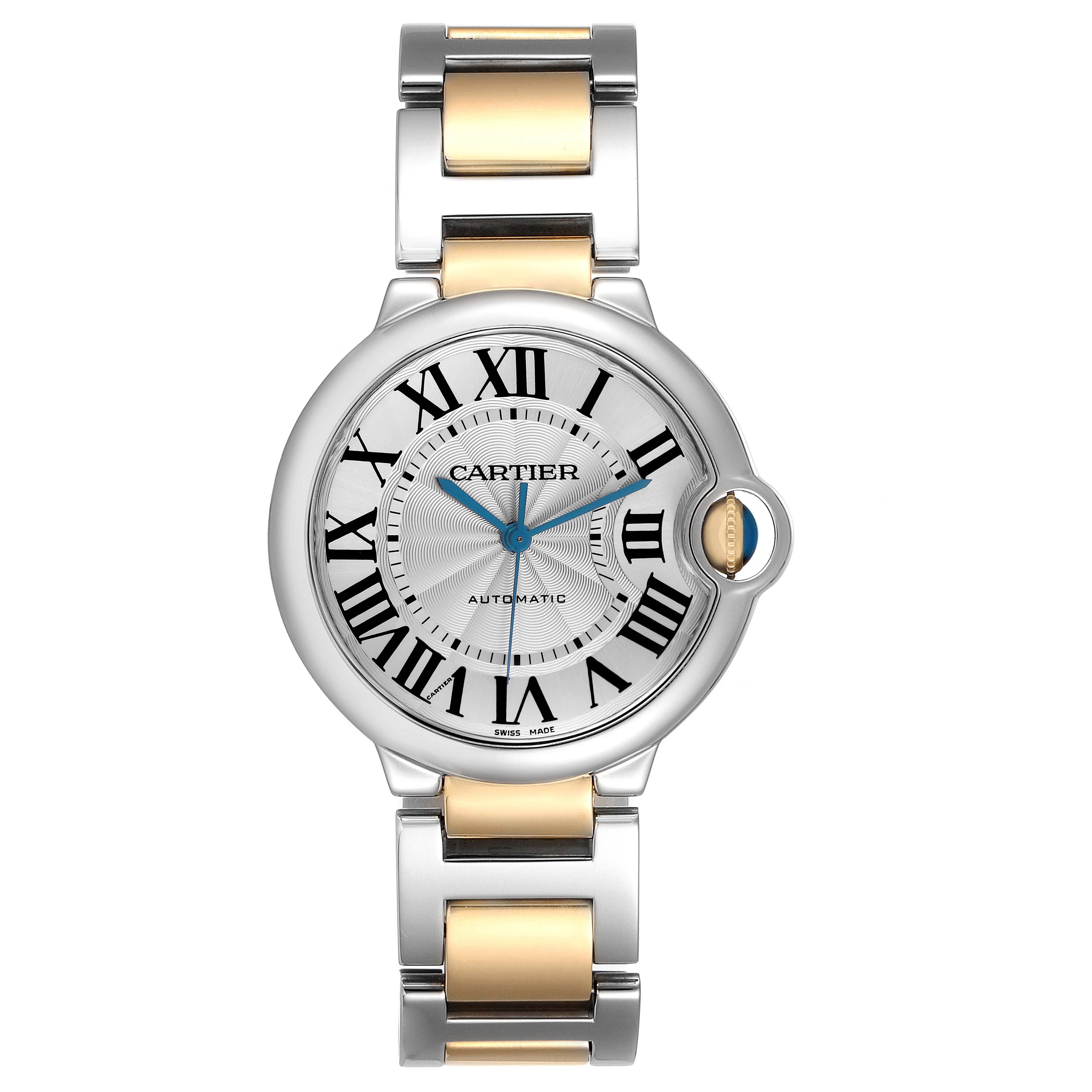 The Cartier Ballon Bleu W2BB0012 Men
s Steel and Gold (two tone) Silver Dial watch is shown from a front angle, displaying its face and two-tone metal bracelet.