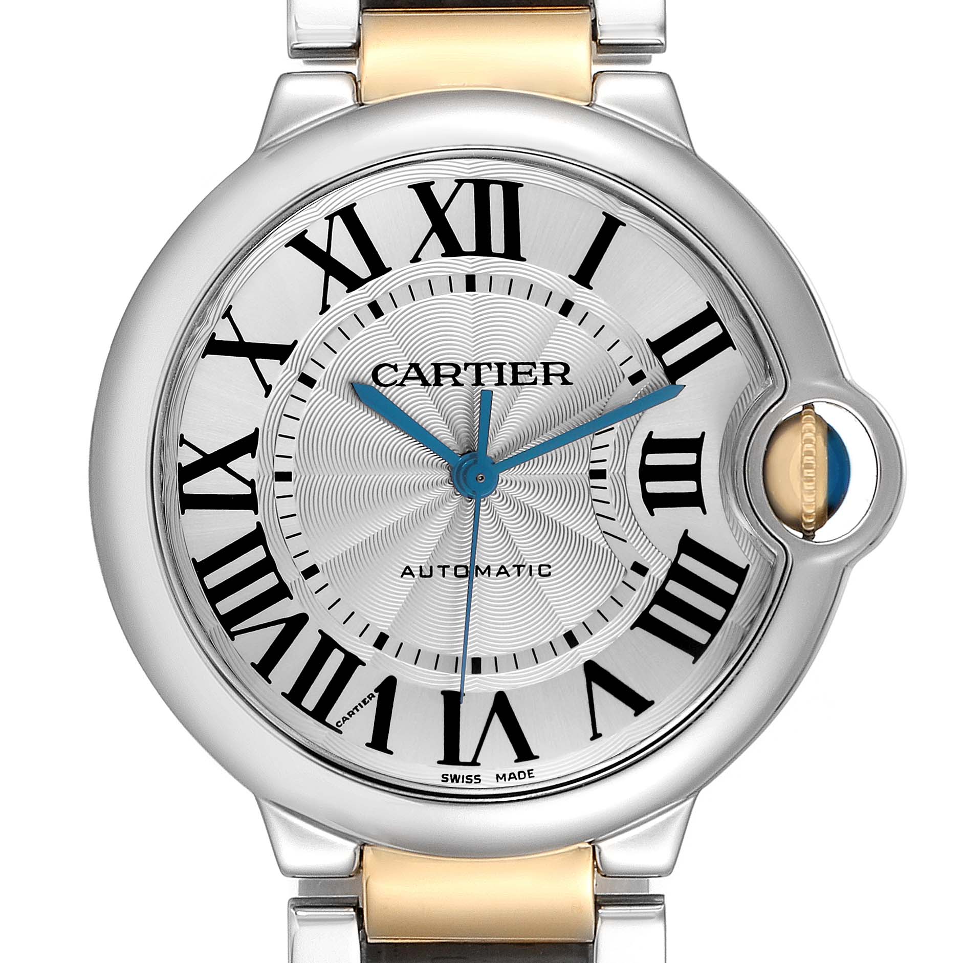 This image shows a front view of the Cartier Ballon Bleu W2BB0012 Men
s Steel and Gold (two tone) Silver Dial watch, highlighting its dial, Roman numerals, blue hands, and crown.