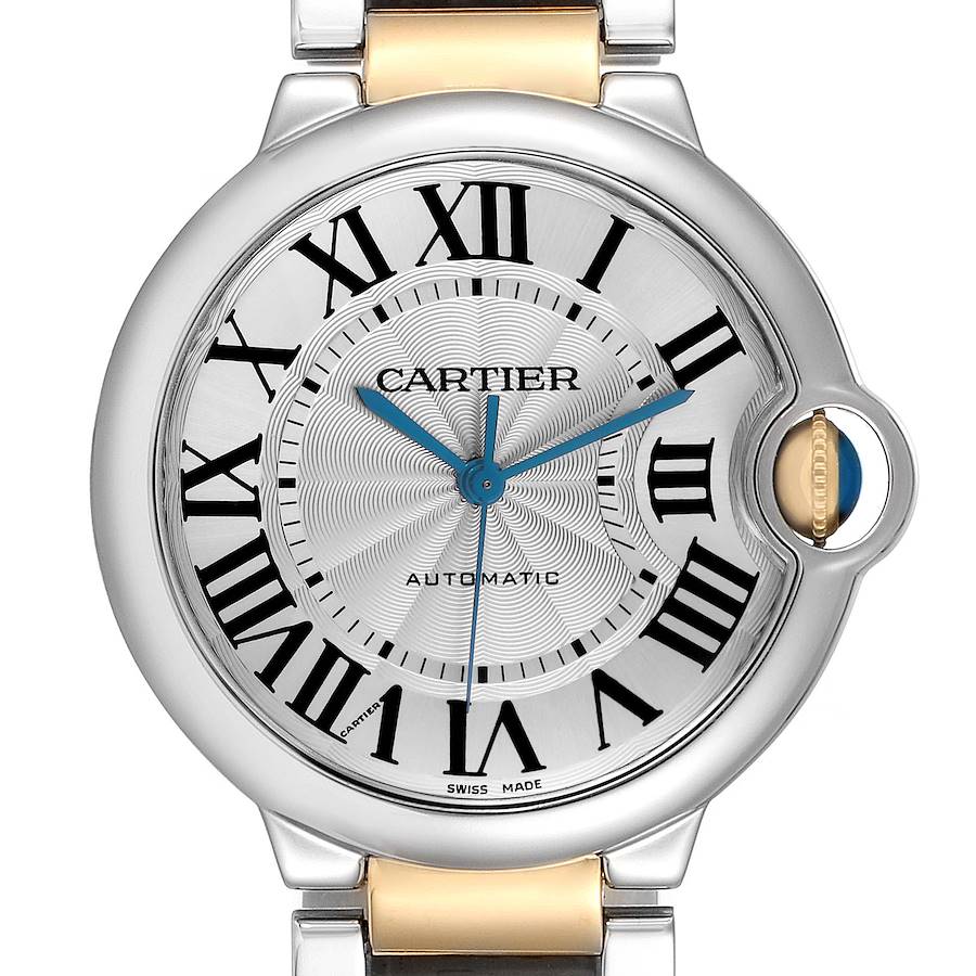 The image shows a front view of the Cartier Ballon Bleu model W2BB0012 watch, highlighting its Roman numerals, blue hands, and distinctive crown.