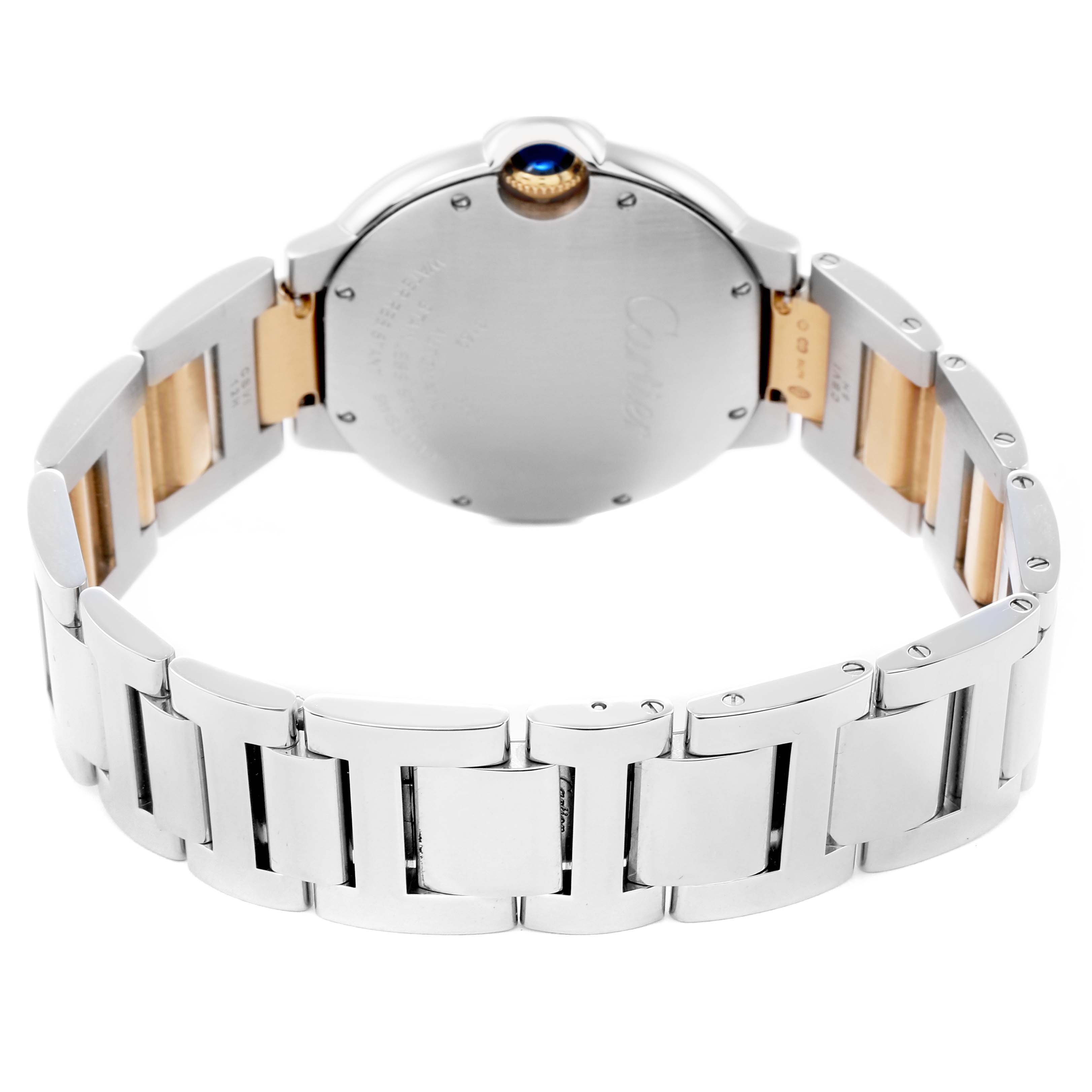 The image shows the back case and bracelet of a Cartier Ballon Bleu W2BB0012 Men
s Steel and Gold (two tone) Silver Dial watch, highlighting its metal links and crown.