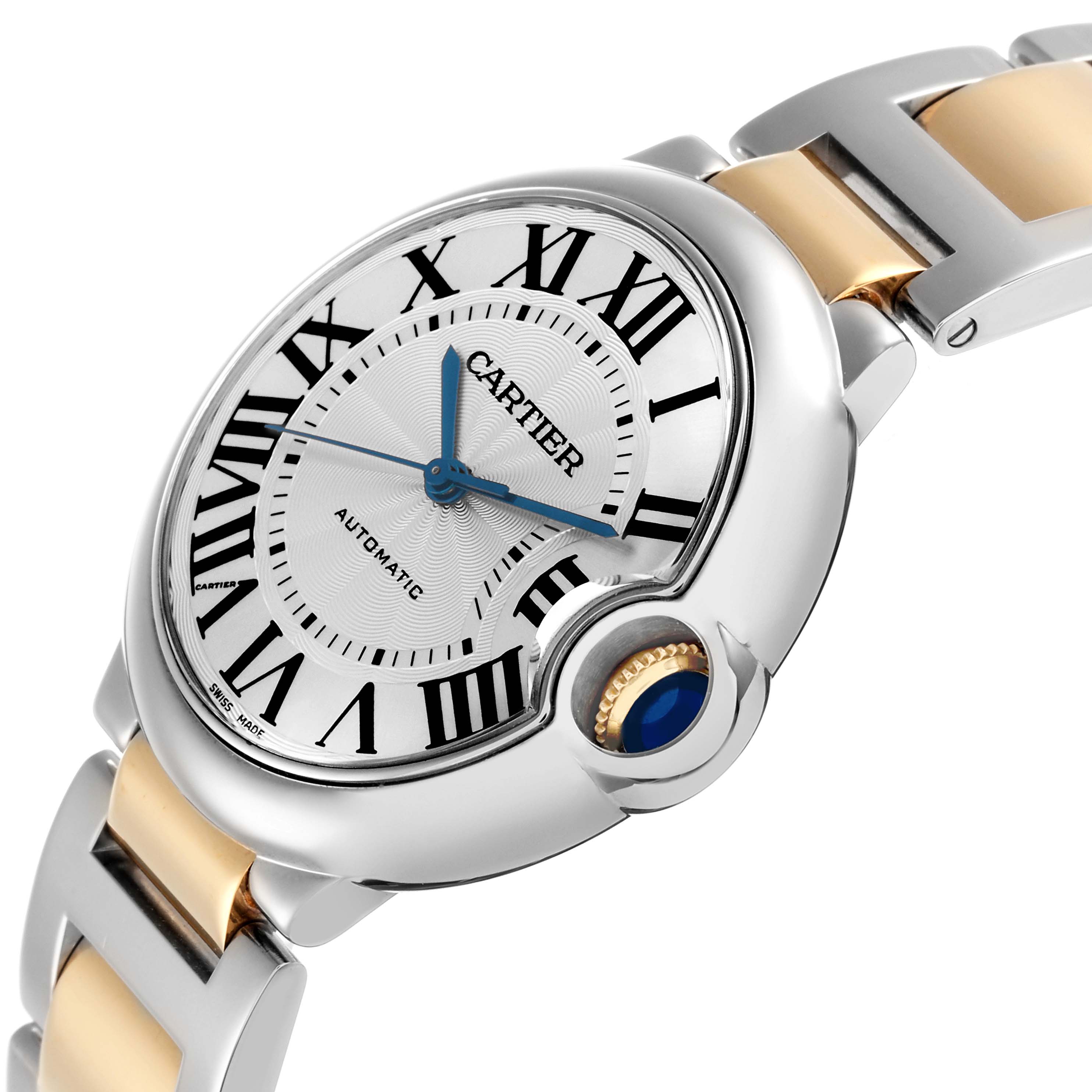 The Cartier Ballon Bleu W2BB0012 Men
s Steel and Gold (two tone) Silver Dial watch is shown at an angle highlighting its face, Roman numerals, blue hands, crown, and two-tone bracelet.