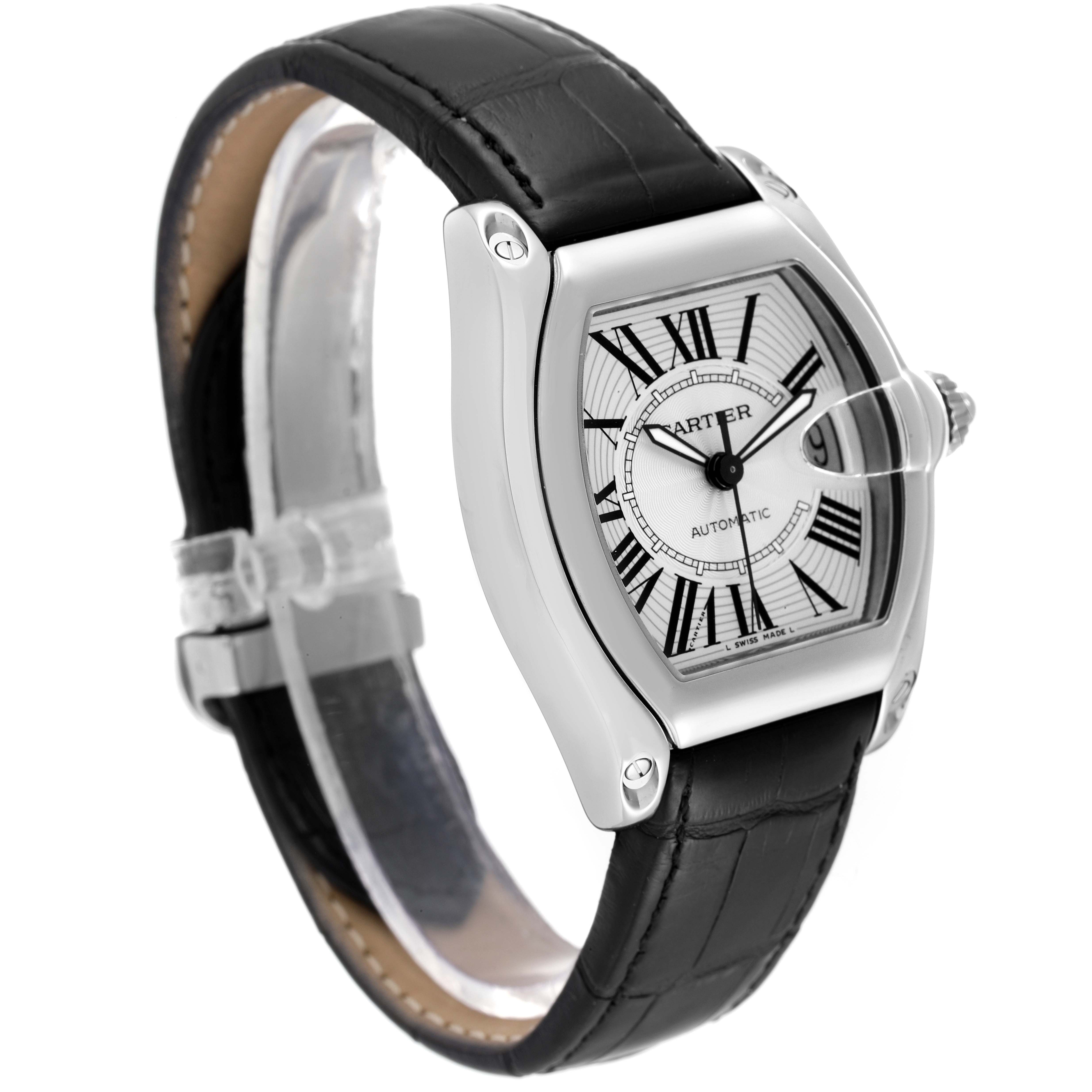 This image shows a Cartier Roadster W62025V3 Men's Stainless Steel Silver Dial W62025V3 Men's Stainless Steel Silver Dial watch from a three-quarter angle, highlighting the face, bezel, and leather strap.