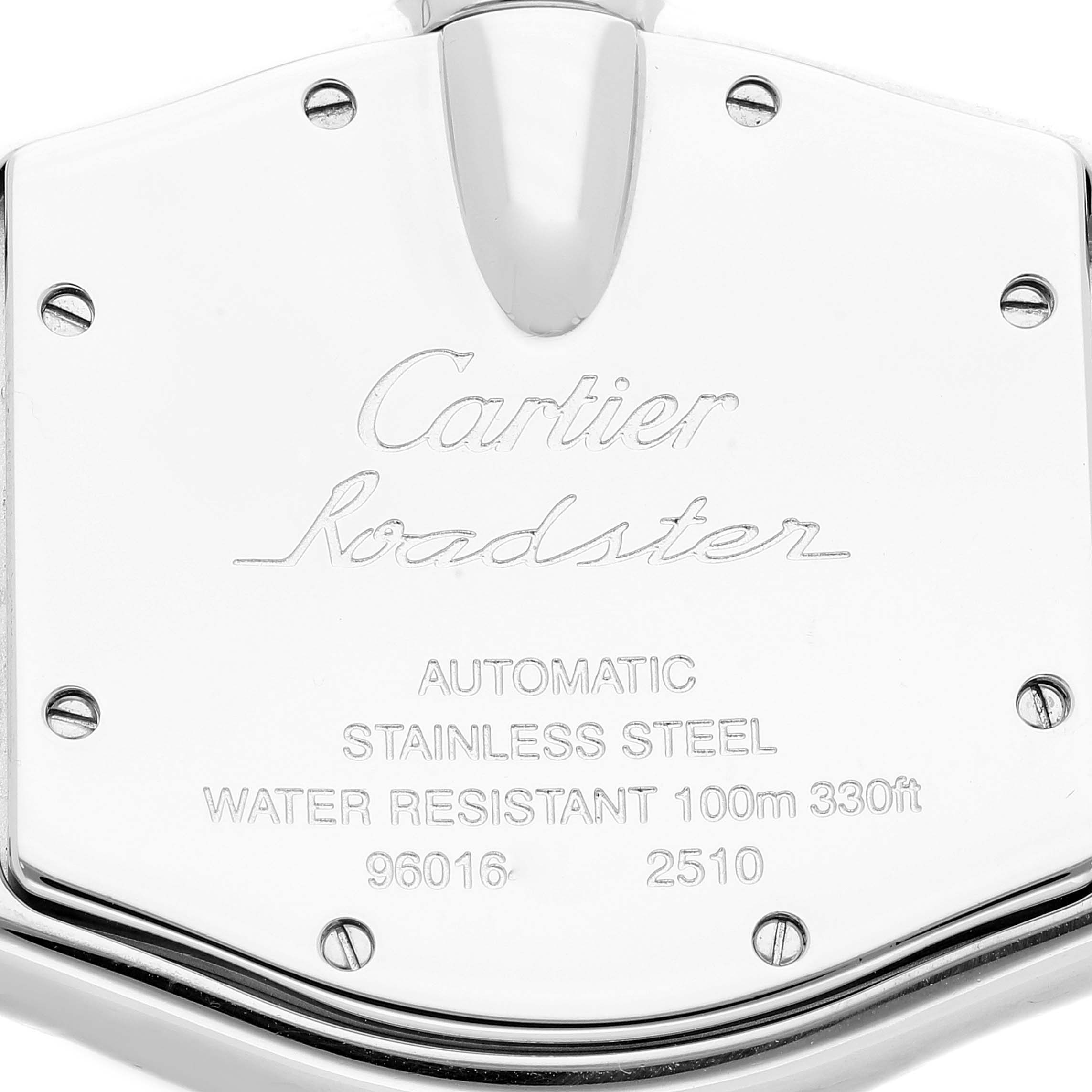 The image shows the back cover of a Cartier Roadster W62025V3 Men's Stainless Steel Silver Dial W62025V3 Men's Stainless Steel Silver Dial watch, highlighting its brand, model, and specifications.
