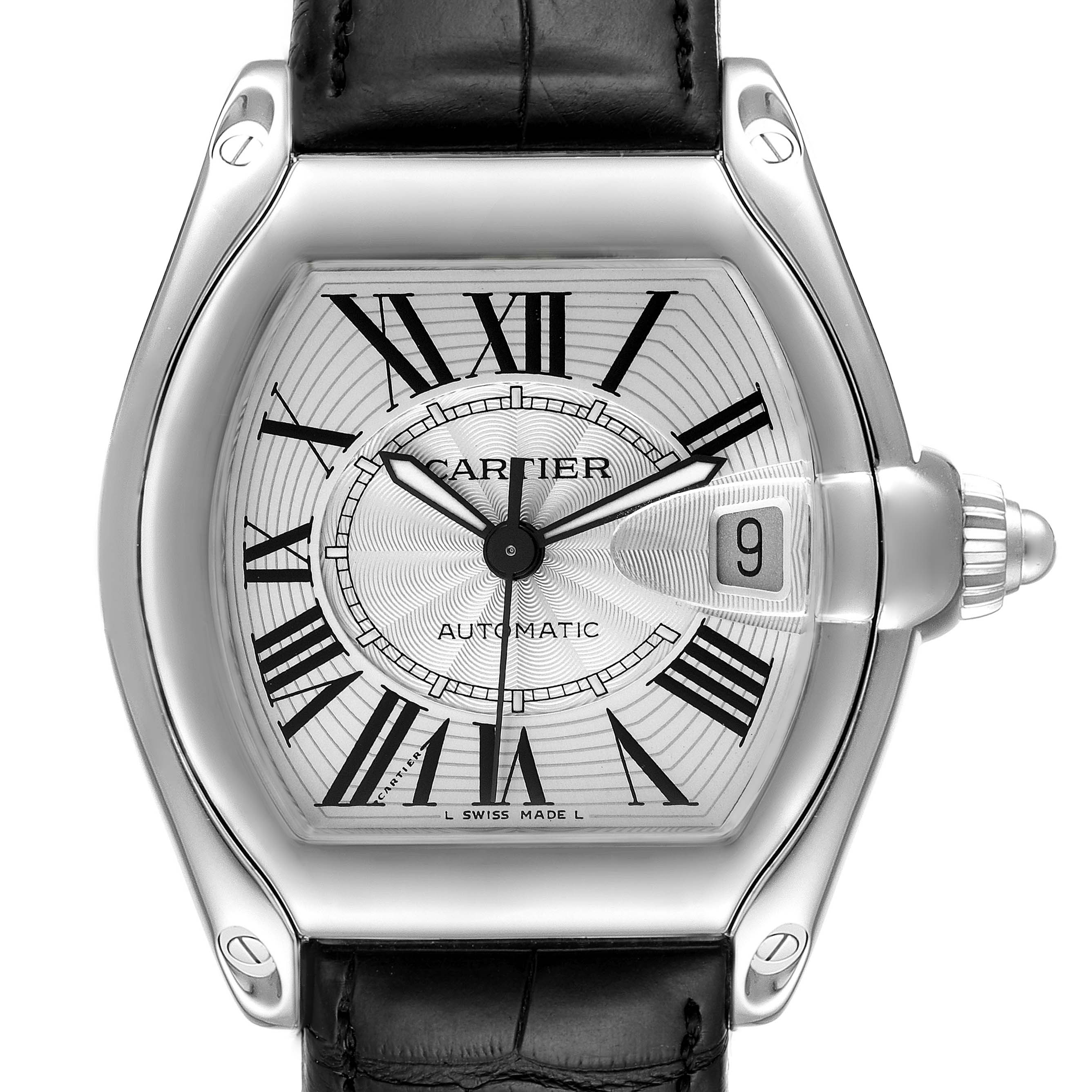 The Cartier Roadster W62025V3 Men's Stainless Steel Silver Dial W62025V3 Men's Stainless Steel Silver Dial watch is shown from a front-facing angle, displaying its dial, bezel, and part of the leather strap.