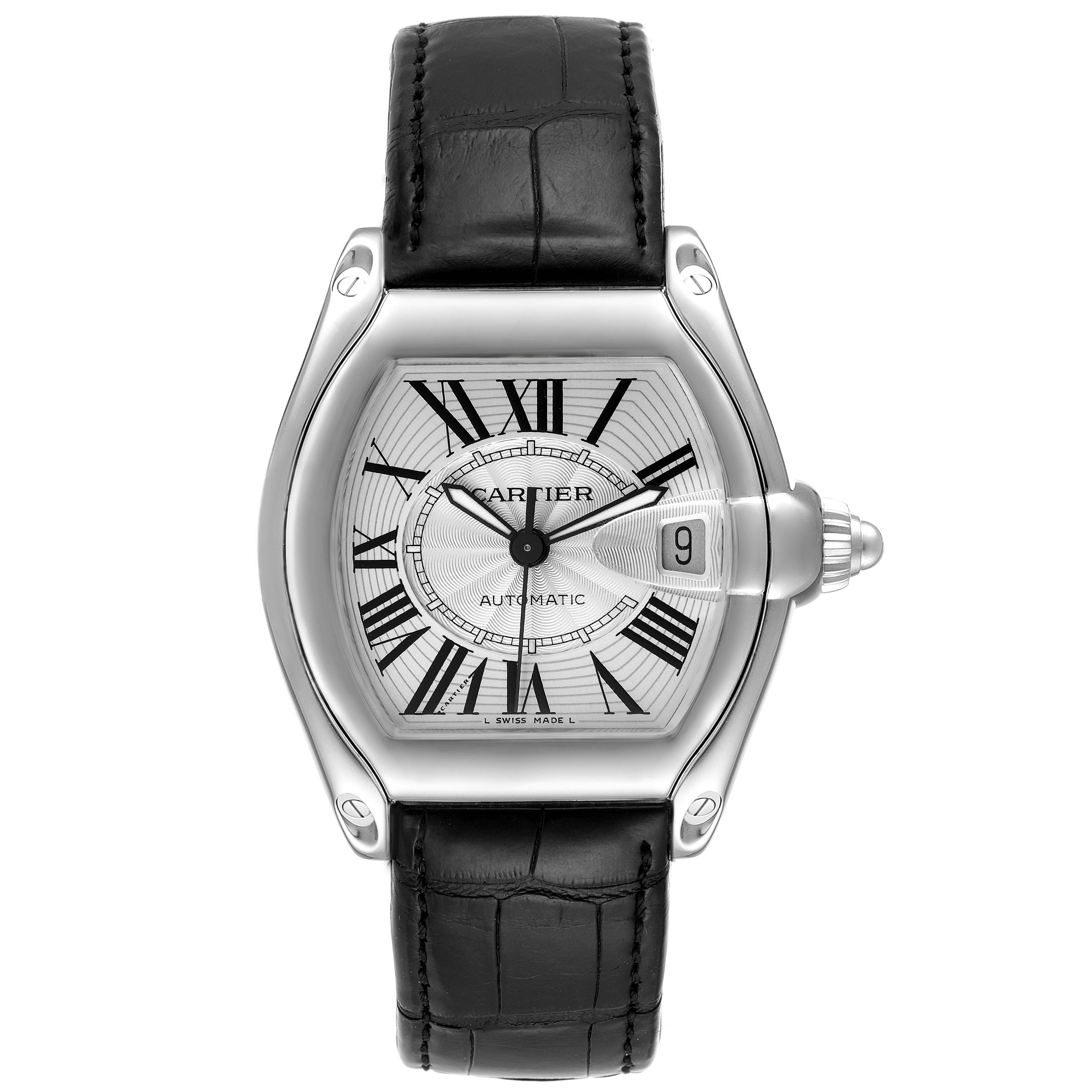 The image shows a Cartier Roadster W62025V3 Men's Stainless Steel Silver Dial W62025V3 Men's Stainless Steel Silver Dial watch, front view, displaying its dial, silver case, and black leather strap.