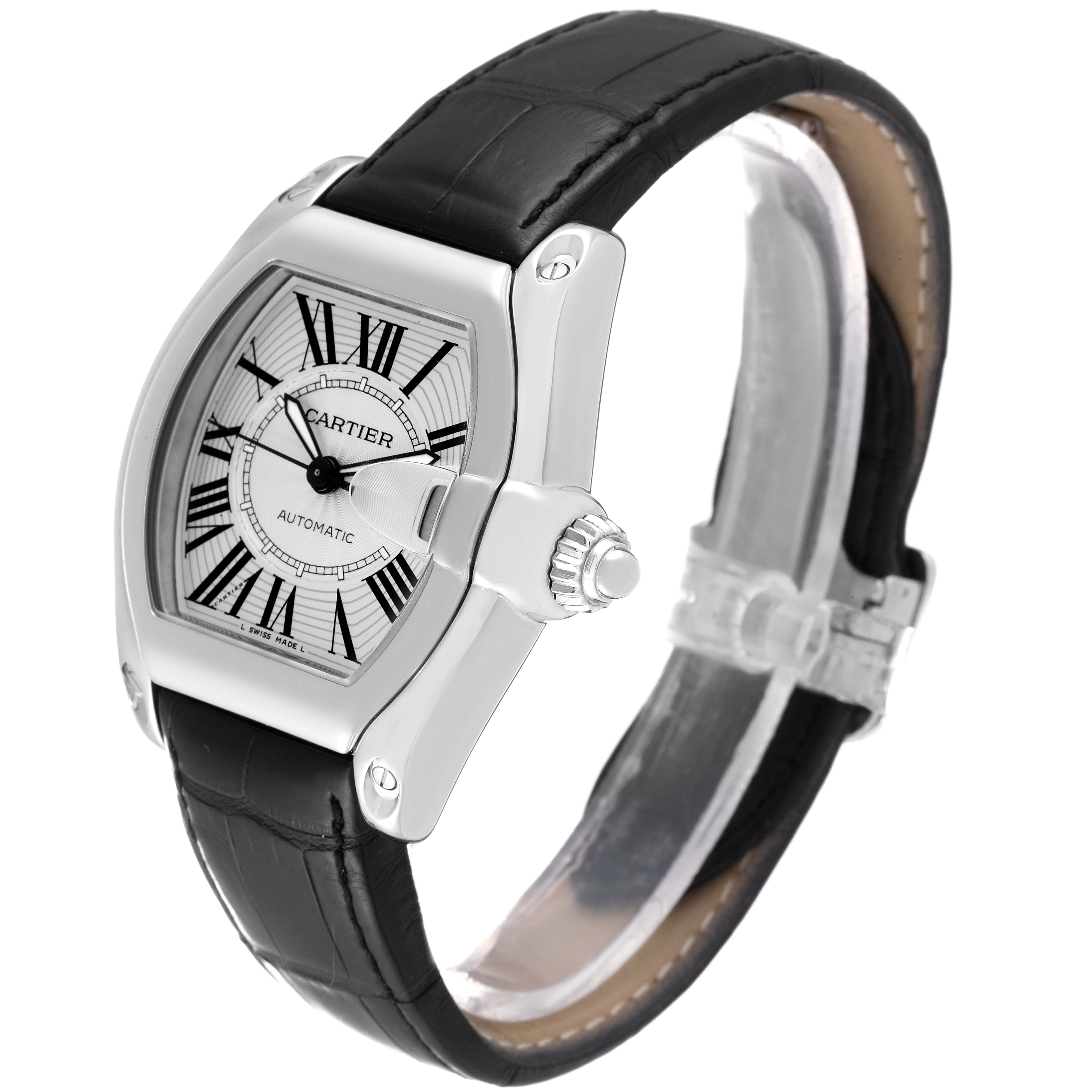 This image shows a Cartier Roadster W62025V3 Men's Stainless Steel Silver Dial W62025V3 Men's Stainless Steel Silver Dial watch at a slight angle, highlighting its face, crown, and black leather strap.