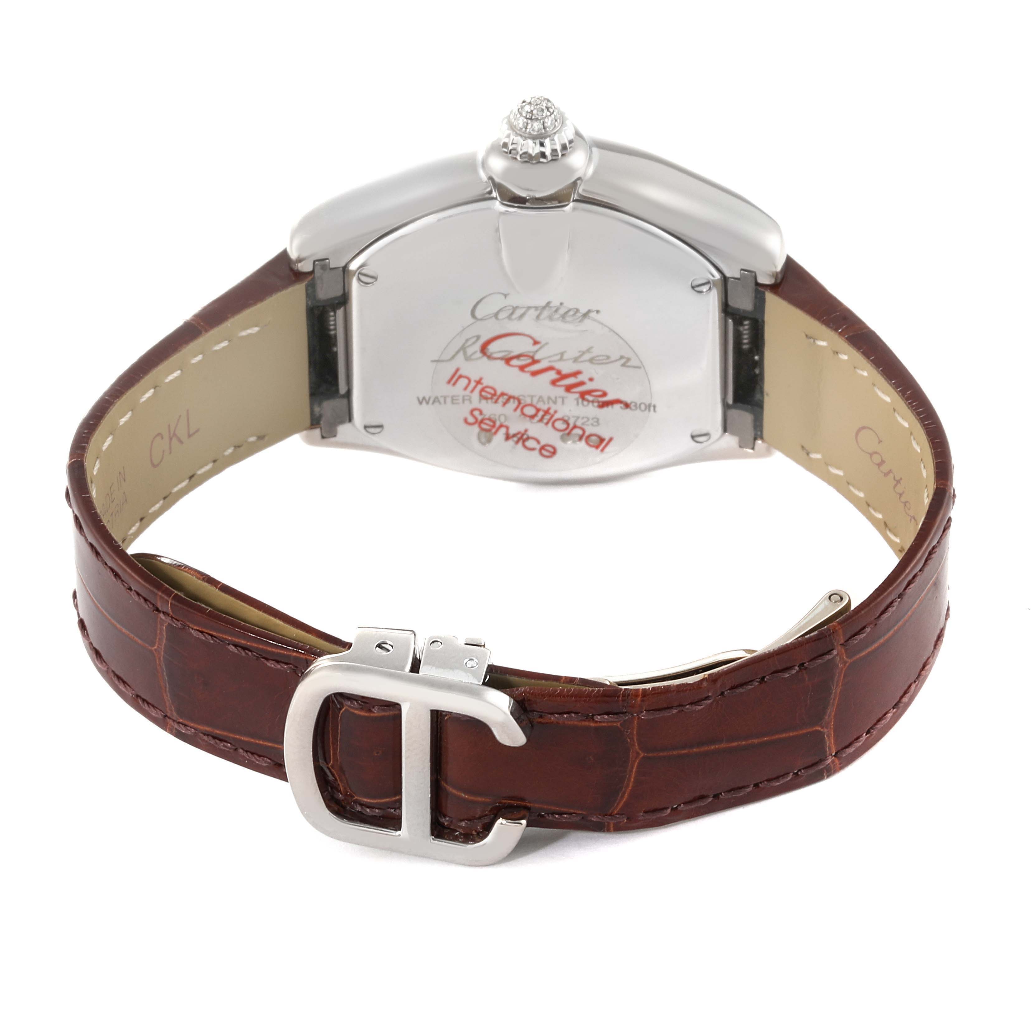 This image shows the back view of the Cartier Roadster WE500260 Women's White Gold Silver Dial WE500260 Women's White Gold Silver Dial watch, displaying the watch's case back and brown leather strap with a clasp.