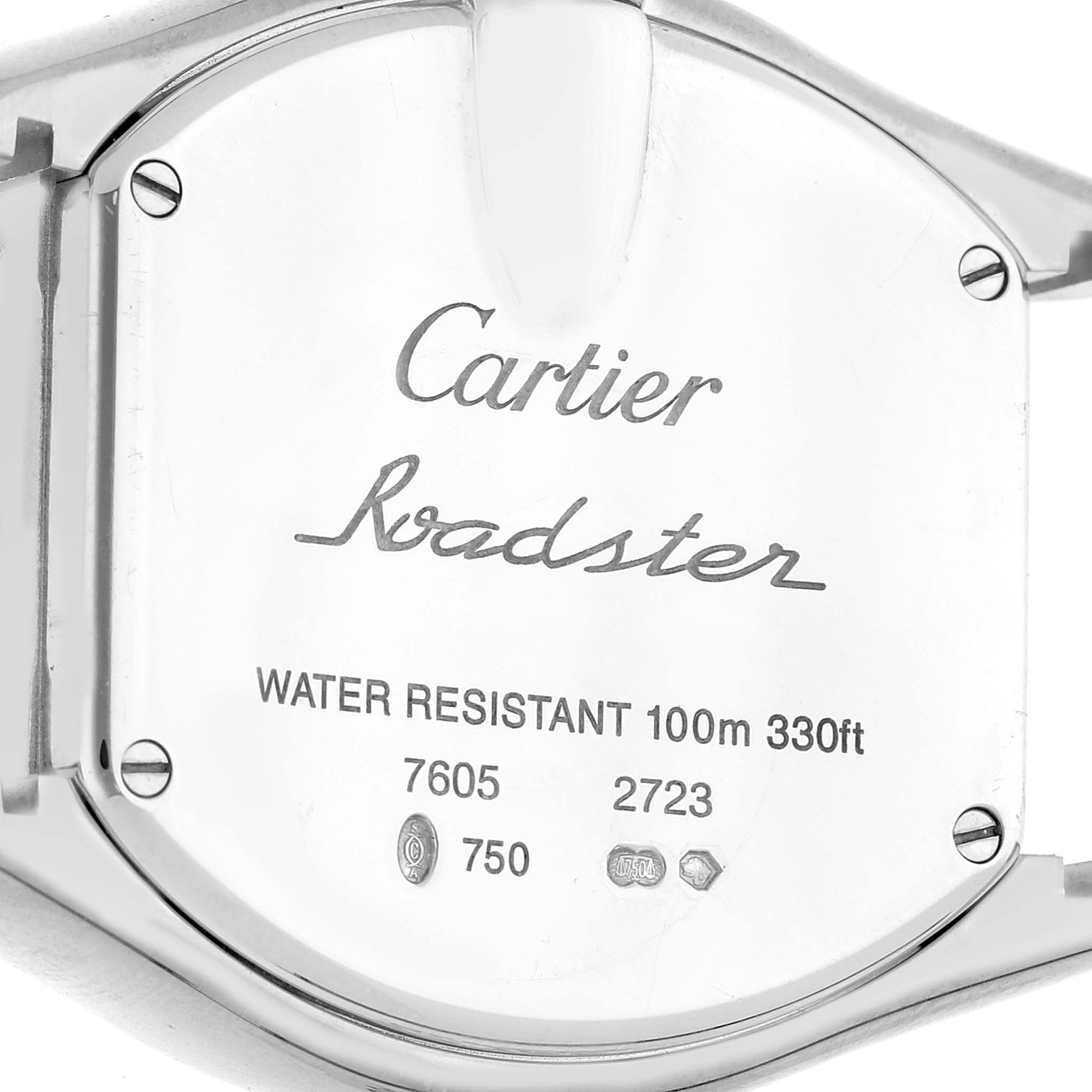 The image shows the case back of the Cartier Roadster WE500260 Women's White Gold Silver Dial WE500260 Women's White Gold Silver Dial watch, including brand engraving and water resistance details.
