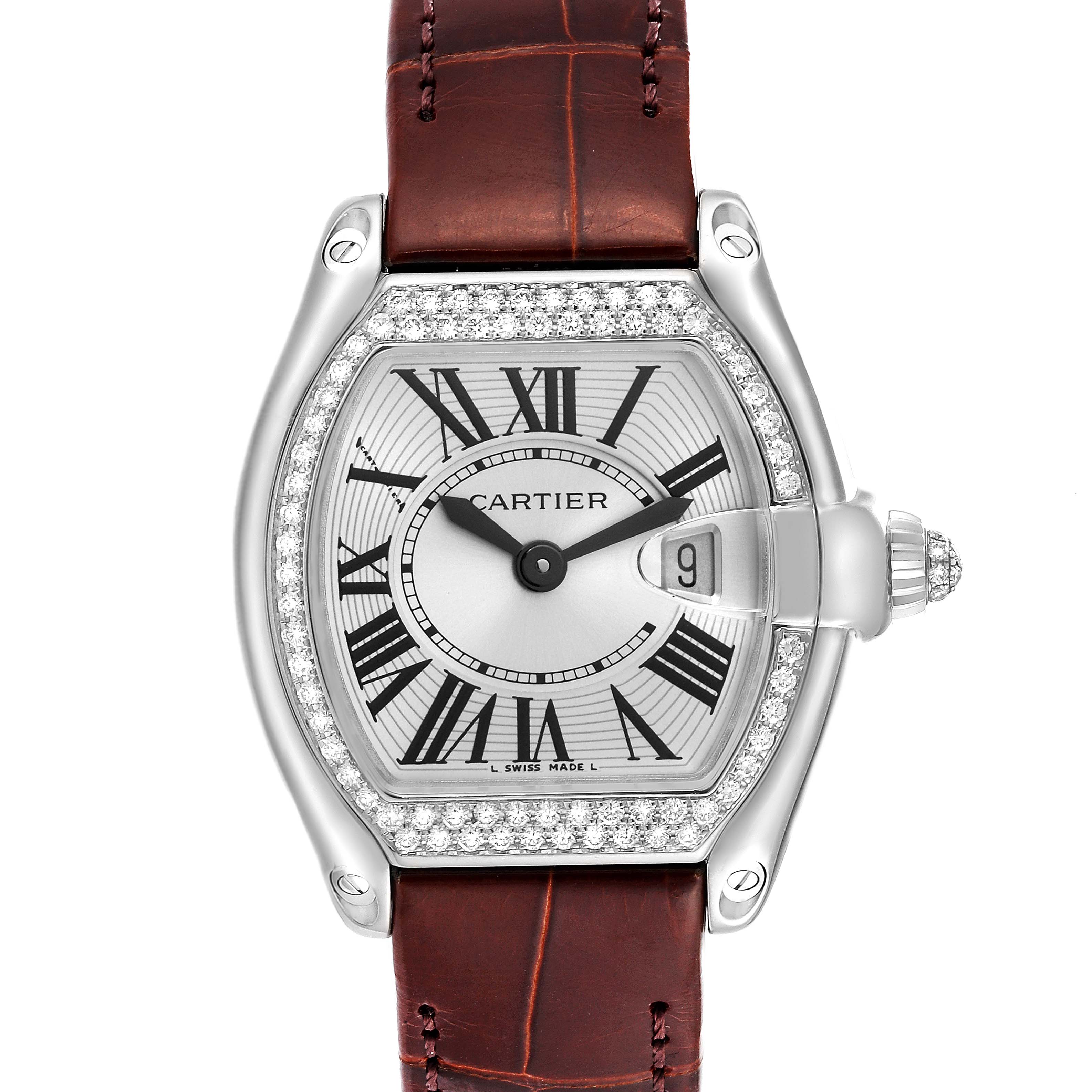 This is a straight-on view of a Cartier Roadster WE500260 Women's White Gold Silver Dial WE500260 Women's White Gold Silver Dial watch showing the dial, case, bezel, and leather strap.