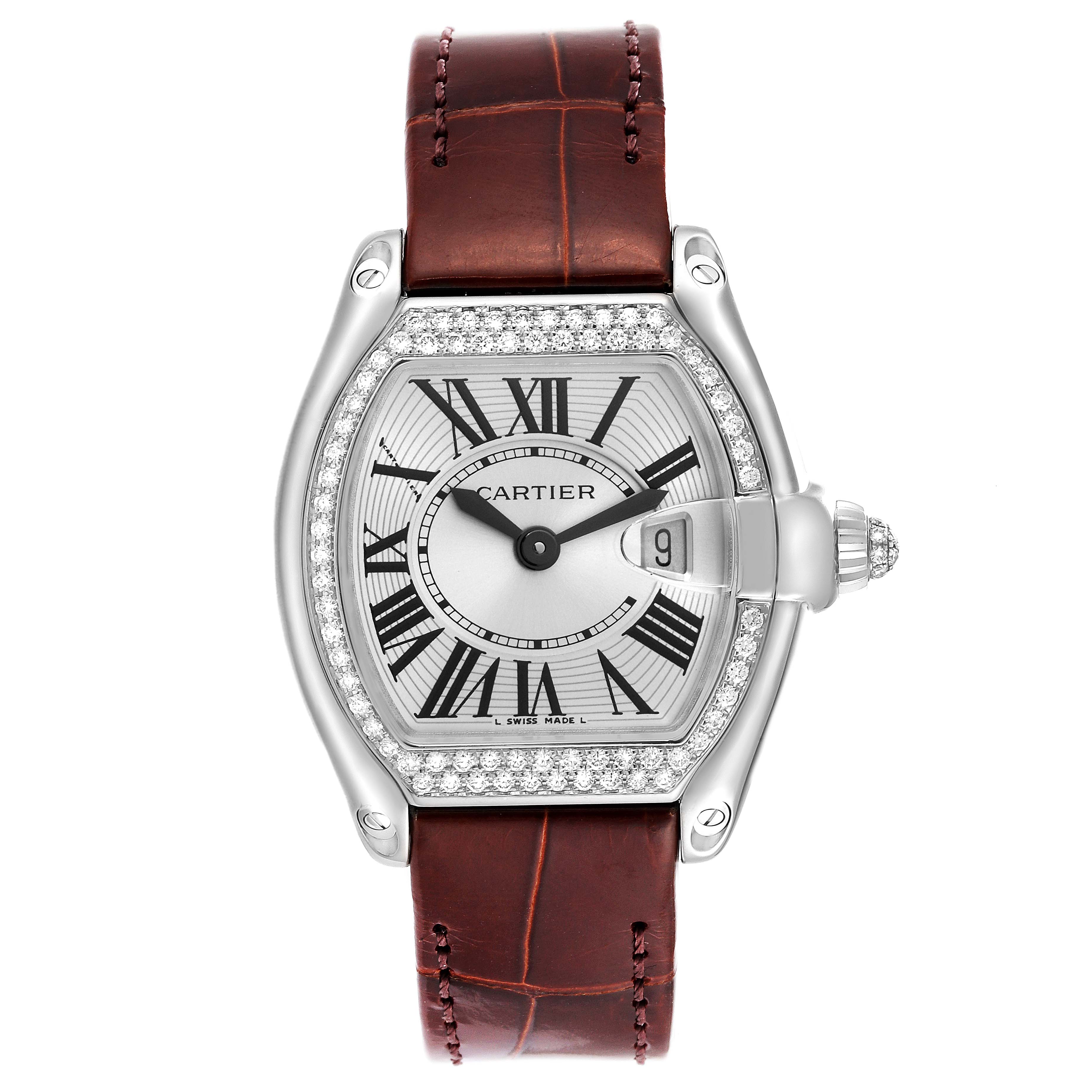 This image shows a front view of the Cartier Roadster WE500260 Women's White Gold Silver Dial WE500260 Women's White Gold Silver Dial watch, featuring its dial, case, bezel, and leather strap.