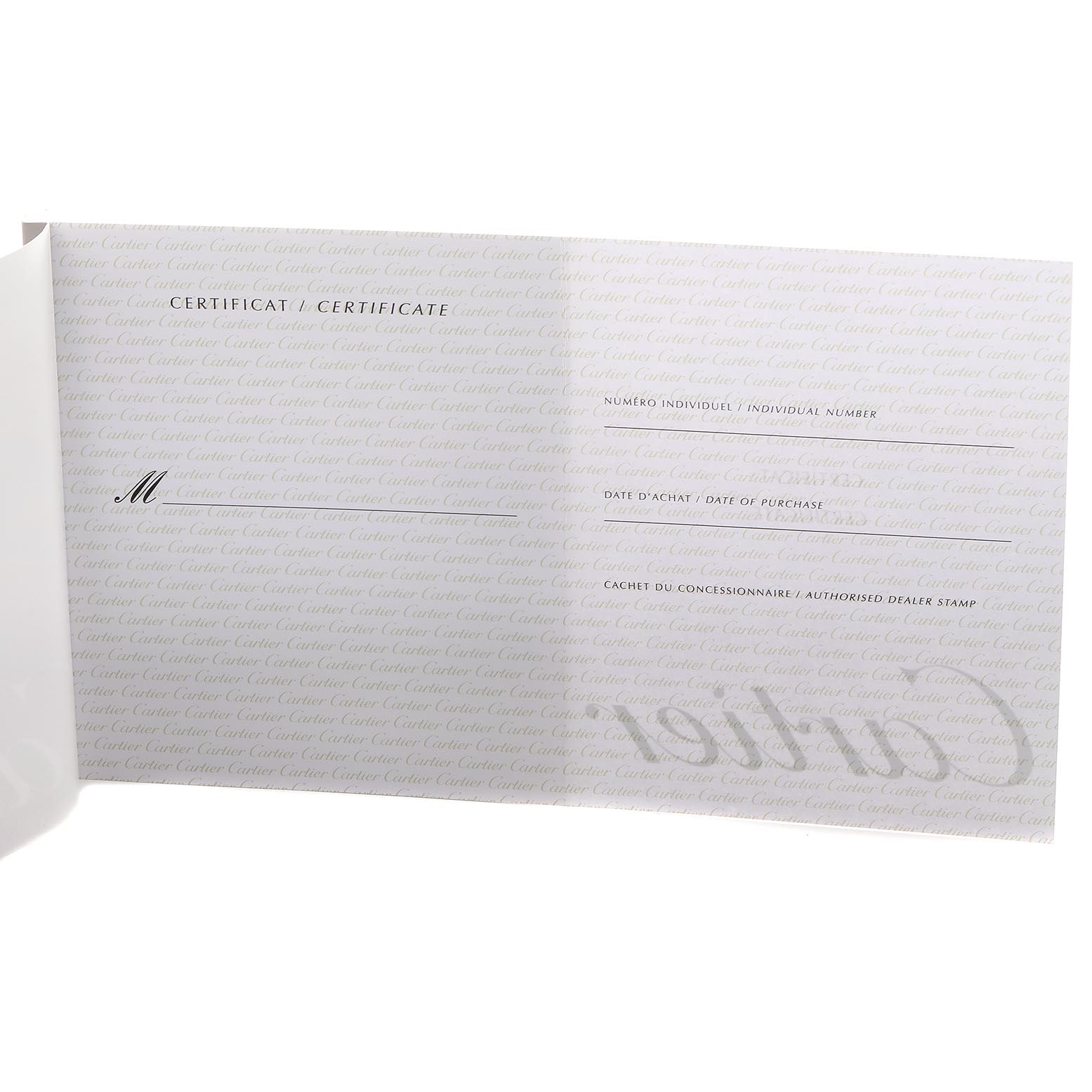 This image shows the certificate for a Cartier Roadster WE500260 Women's White Gold Silver Dial WE500260 Women's White Gold Silver Dial watch, displayed open with text fields for individual number and purchase details.