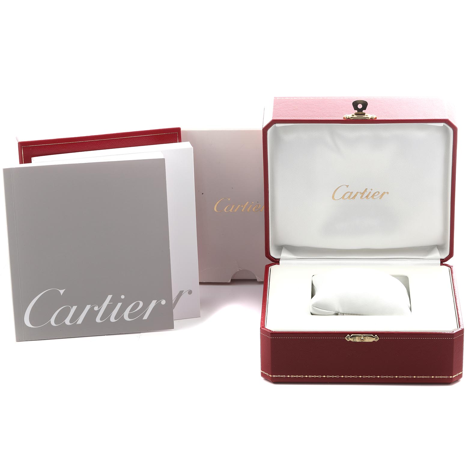 The image shows the packaging and accessories for a Cartier Roadster WE500260 Women's White Gold Silver Dial WE500260 Women's White Gold Silver Dial watch, including the box, pillow, and booklets from a front angle.