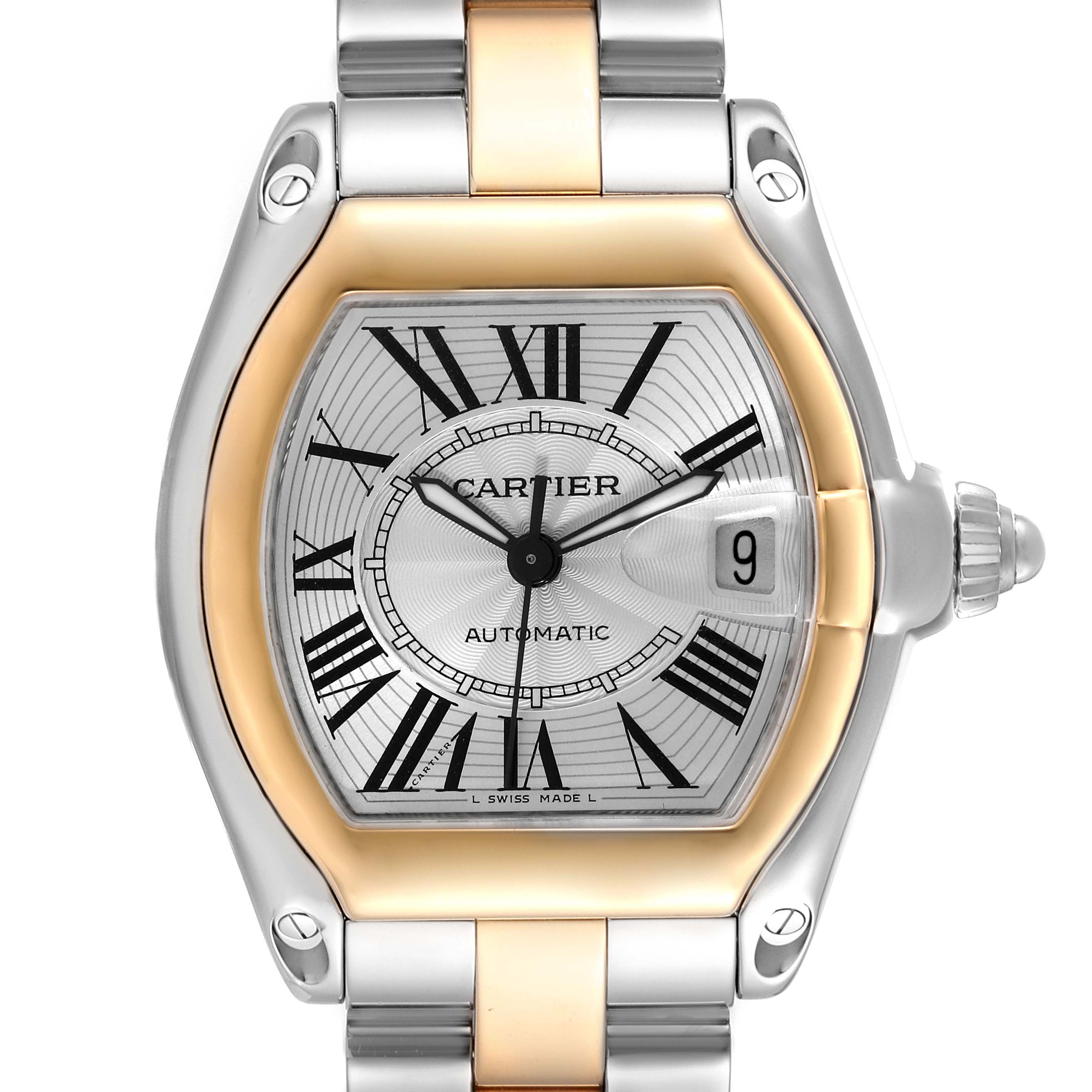 The image shows a frontal view of the Cartier Roadster W62031Y4 Men's Steel and Gold (two tone) Silver Dial W62031Y4 Men's Steel and Gold (two tone) Silver Dial watch, highlighting its dial, bezel, and part of the bracelet.