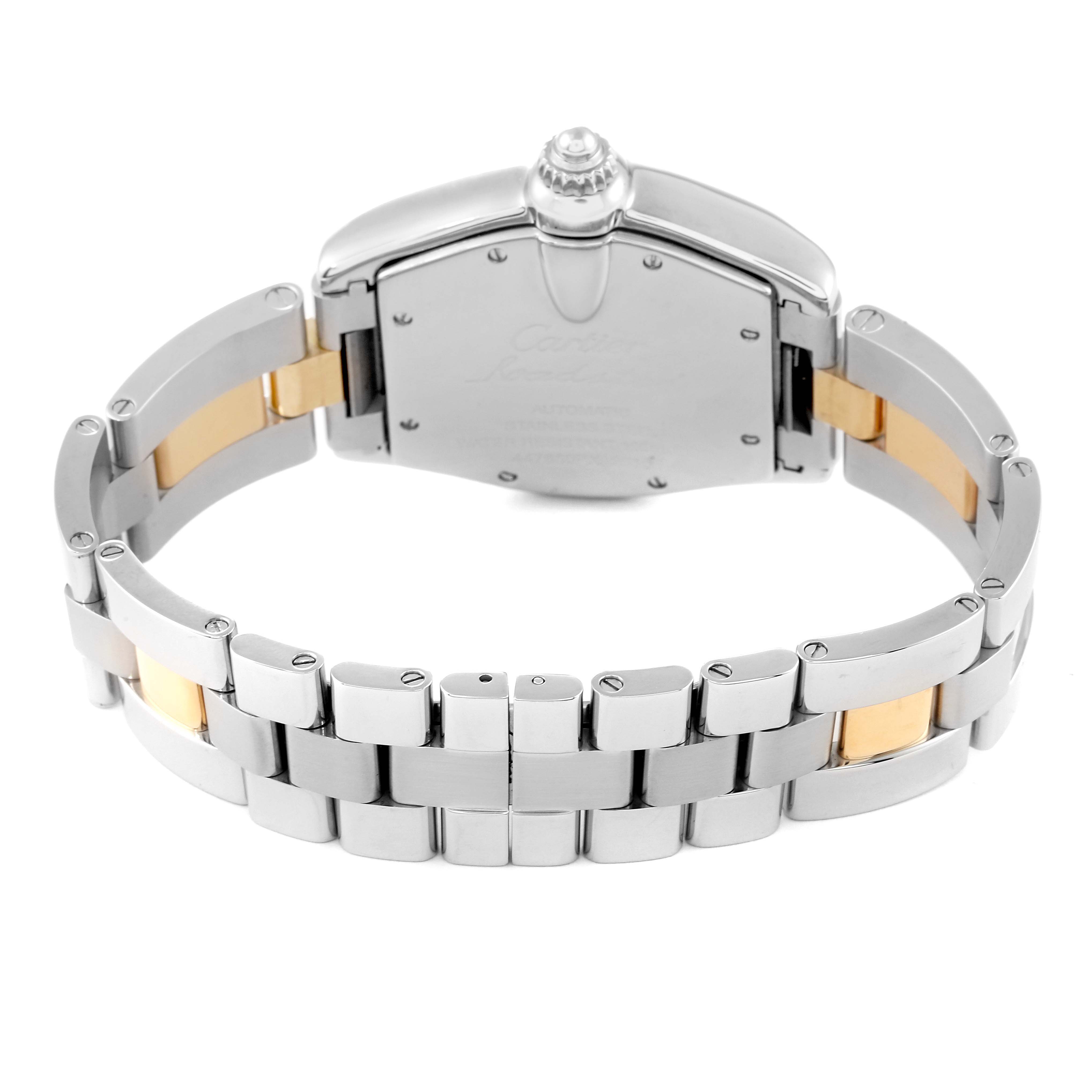The image shows the back and bracelet of a Cartier Roadster W62031Y4 Men's Steel and Gold (two tone) Silver Dial W62031Y4 Men's Steel and Gold (two tone) Silver Dial watch from a rear view angle.