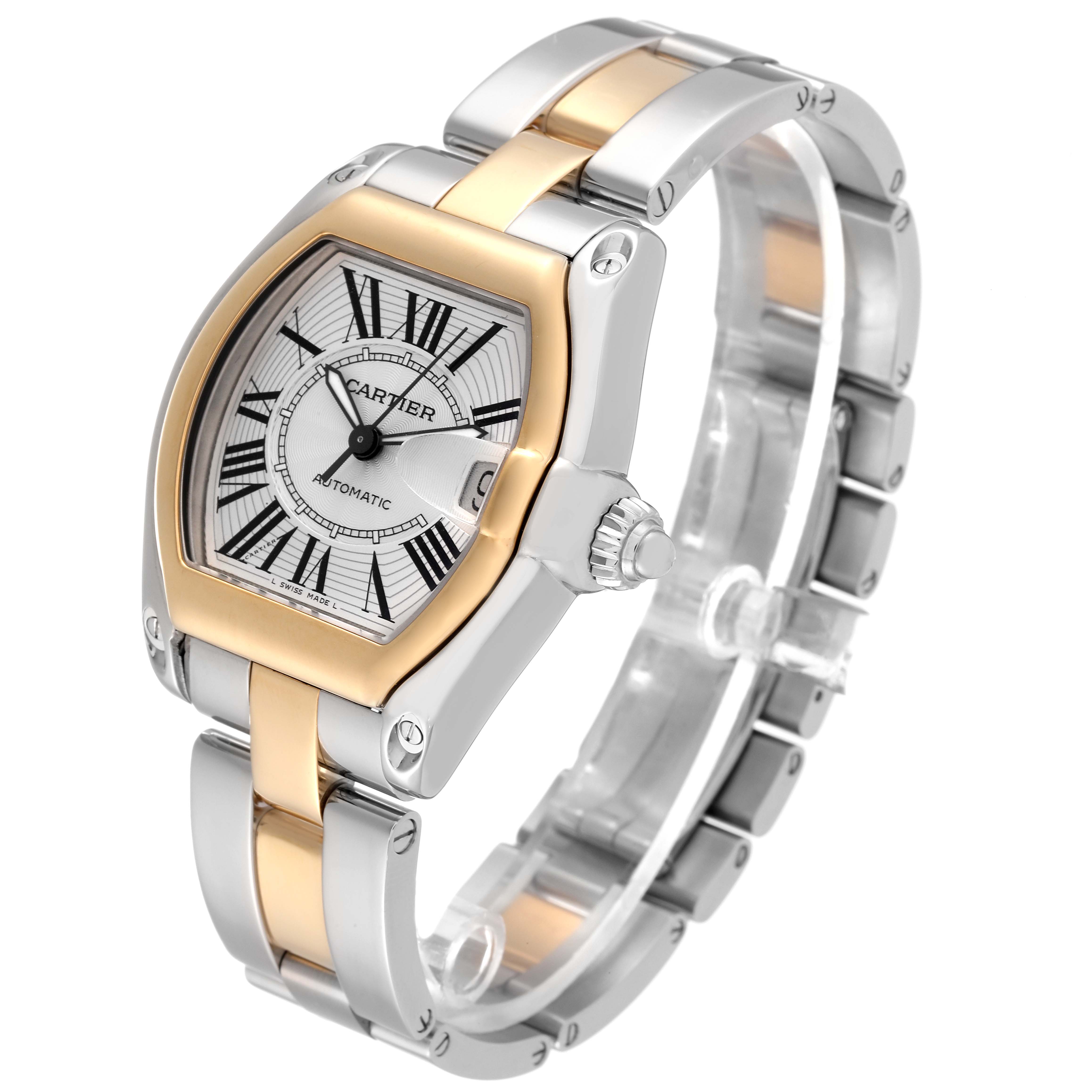 The Cartier Roadster W62031Y4 Men's Steel and Gold (two tone) Silver Dial W62031Y4 Men's Steel and Gold (two tone) Silver Dial watch is shown at a three-quarter angle, highlighting its two-tone bracelet and square face with a date window.