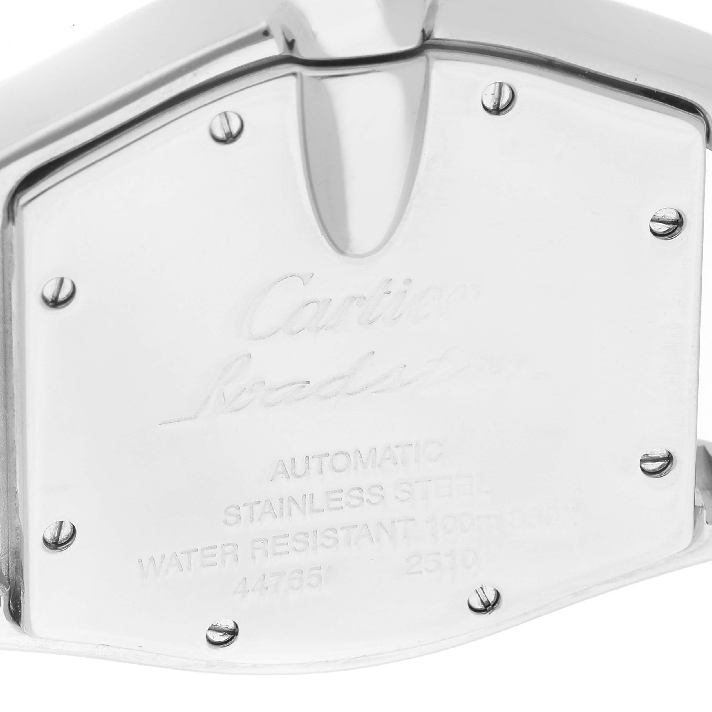 This image shows the case back of a Cartier Roadster W62031Y4 Men's Steel and Gold (two tone) Silver Dial W62031Y4 Men's Steel and Gold (two tone) Silver Dial watch at a close-up angle.