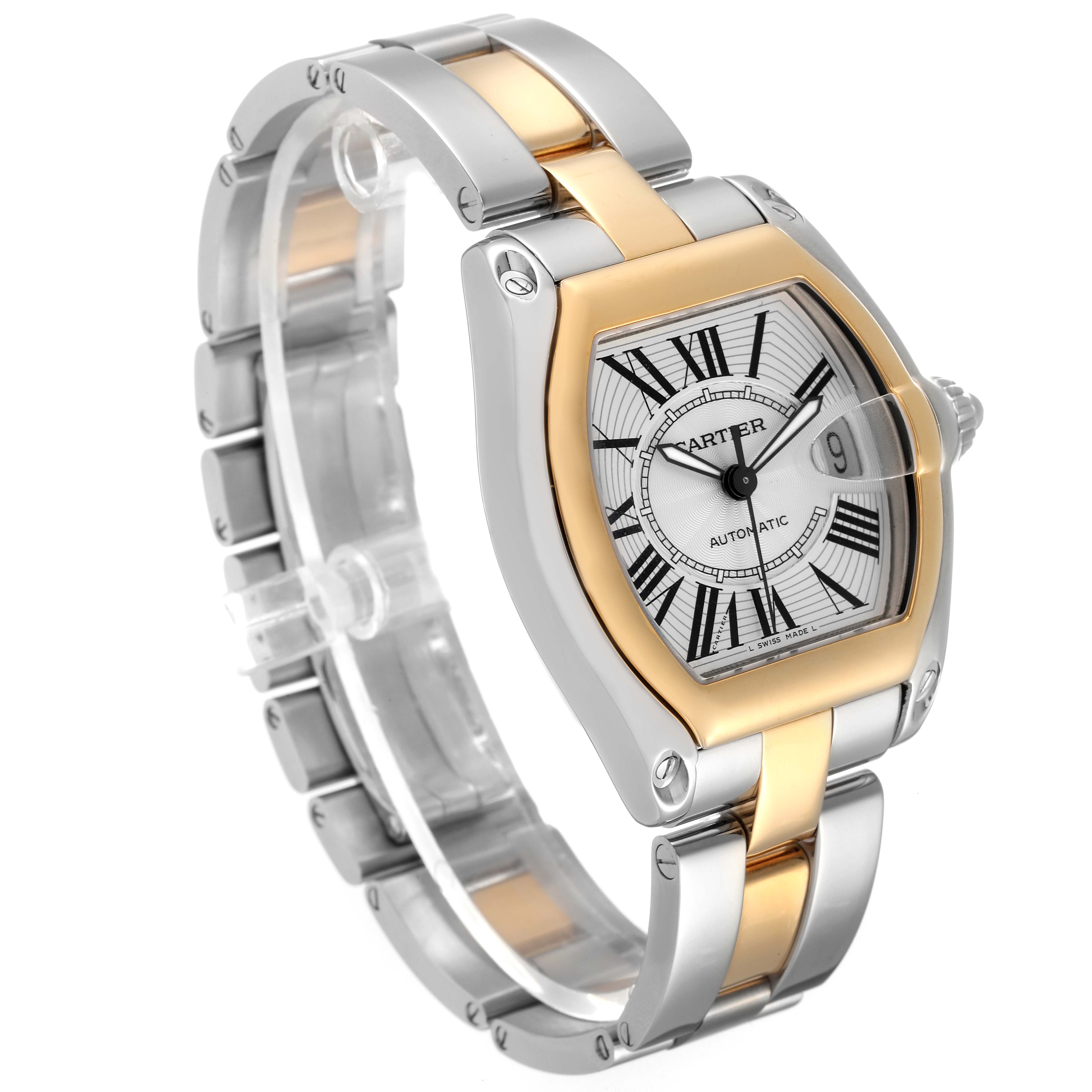 The image shows a Cartier Roadster W62031Y4 Men's Steel and Gold (two tone) Silver Dial W62031Y4 Men's Steel and Gold (two tone) Silver Dial watch at an angle displaying its face, bezel, and band.