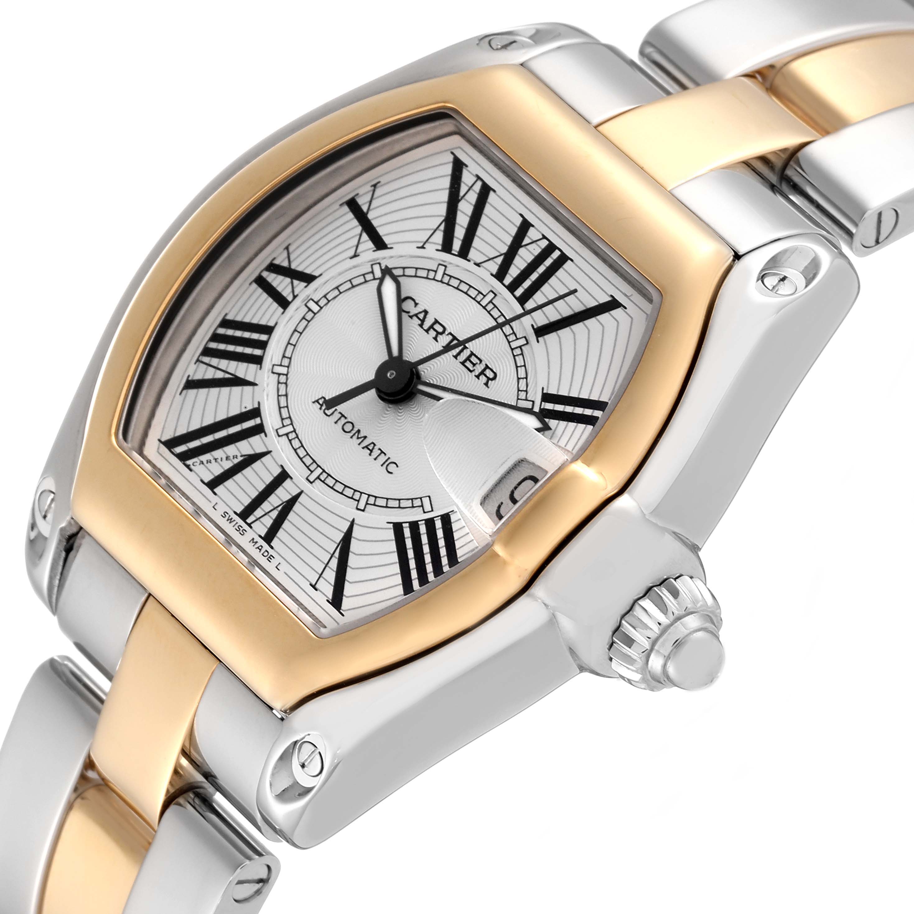 The image shows a Cartier Roadster W62031Y4 Men's Steel and Gold (two tone) Silver Dial W62031Y4 Men's Steel and Gold (two tone) Silver Dial watch at a three-quarter angle emphasizing the dial, bezel, and part of the bracelet.