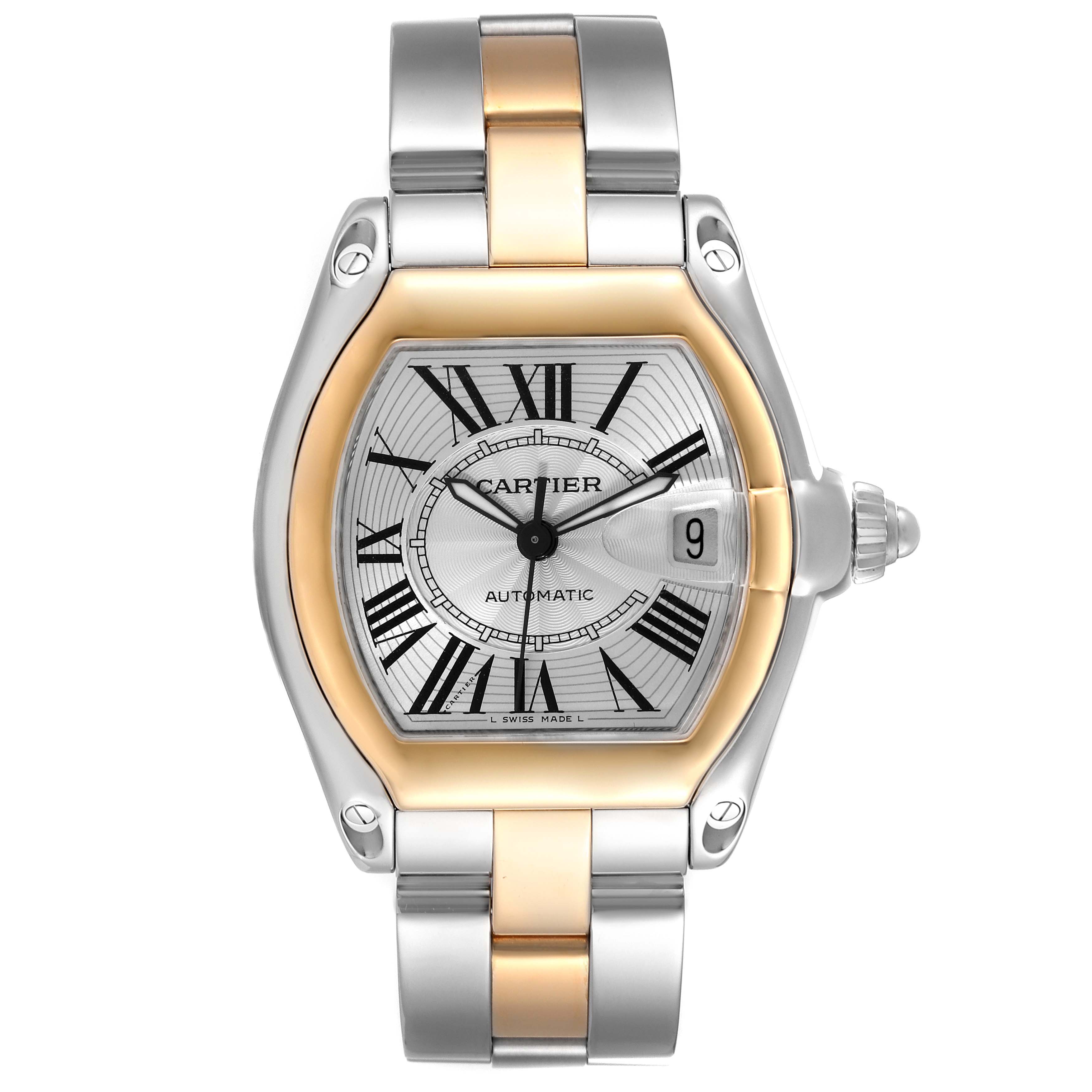 The Roadster model by Cartier is shown from the front, displaying the face, bezel, and part of the bracelet.