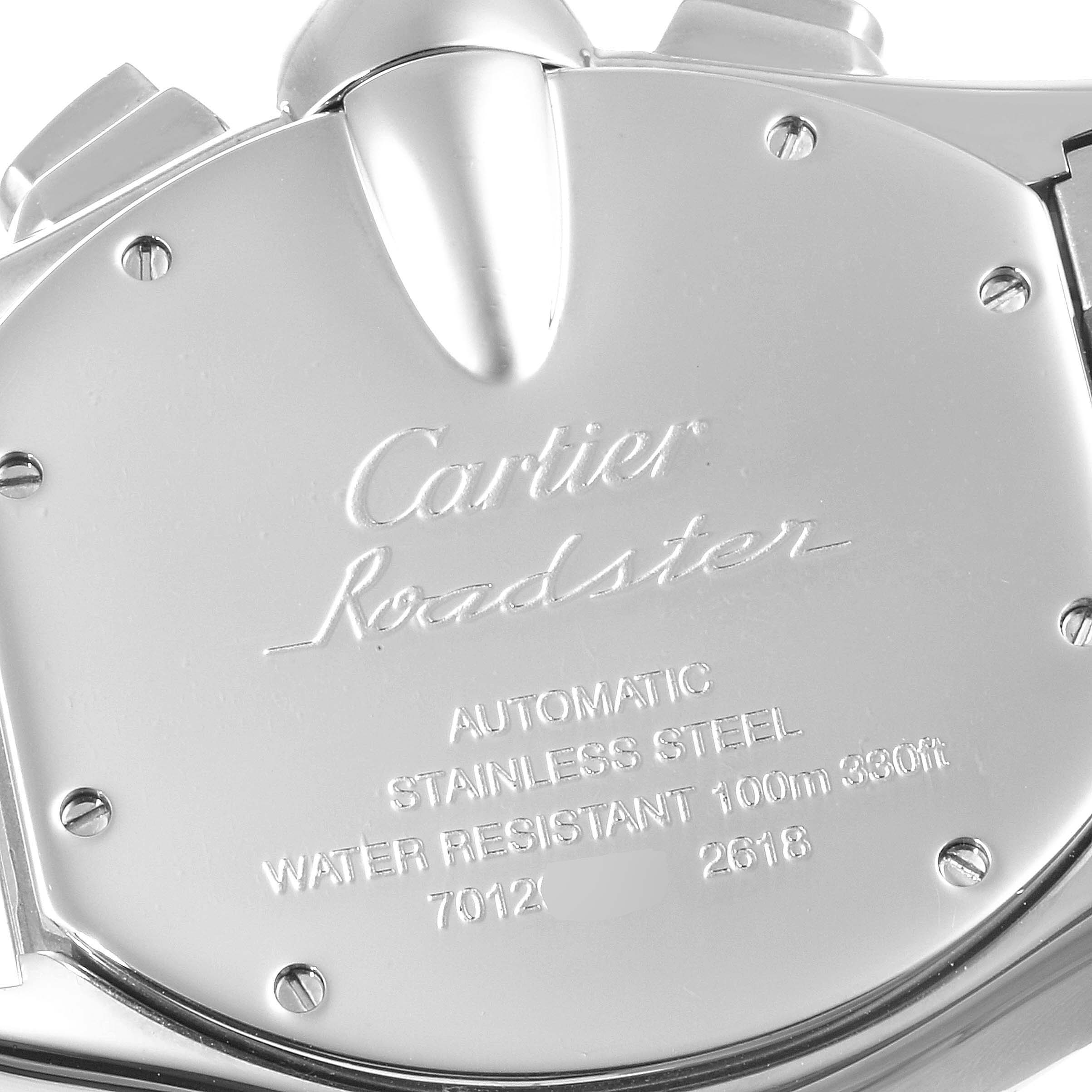The image shows the case back of a Cartier Roadster W62020X6 Men
s Stainless Steel Black Dial W62020X6 Men
s Stainless Steel Black Dial watch, displaying details like the brand, model, and specifications.