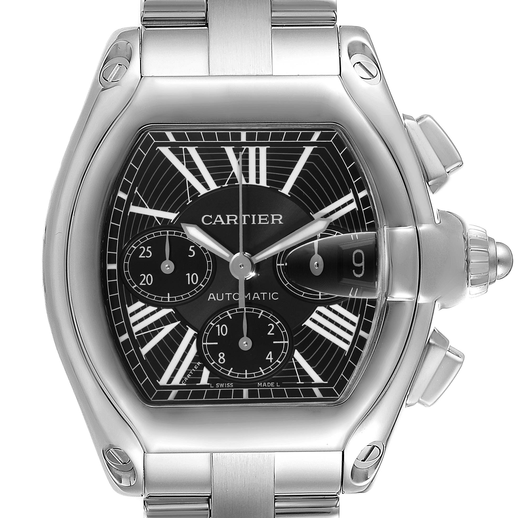 The image shows a frontal view of the Cartier Roadster W62020X6 Men
s Stainless Steel Black Dial W62020X6 Men
s Stainless Steel Black Dial watch, highlighting the dial, bezel, and part of the bracelet.