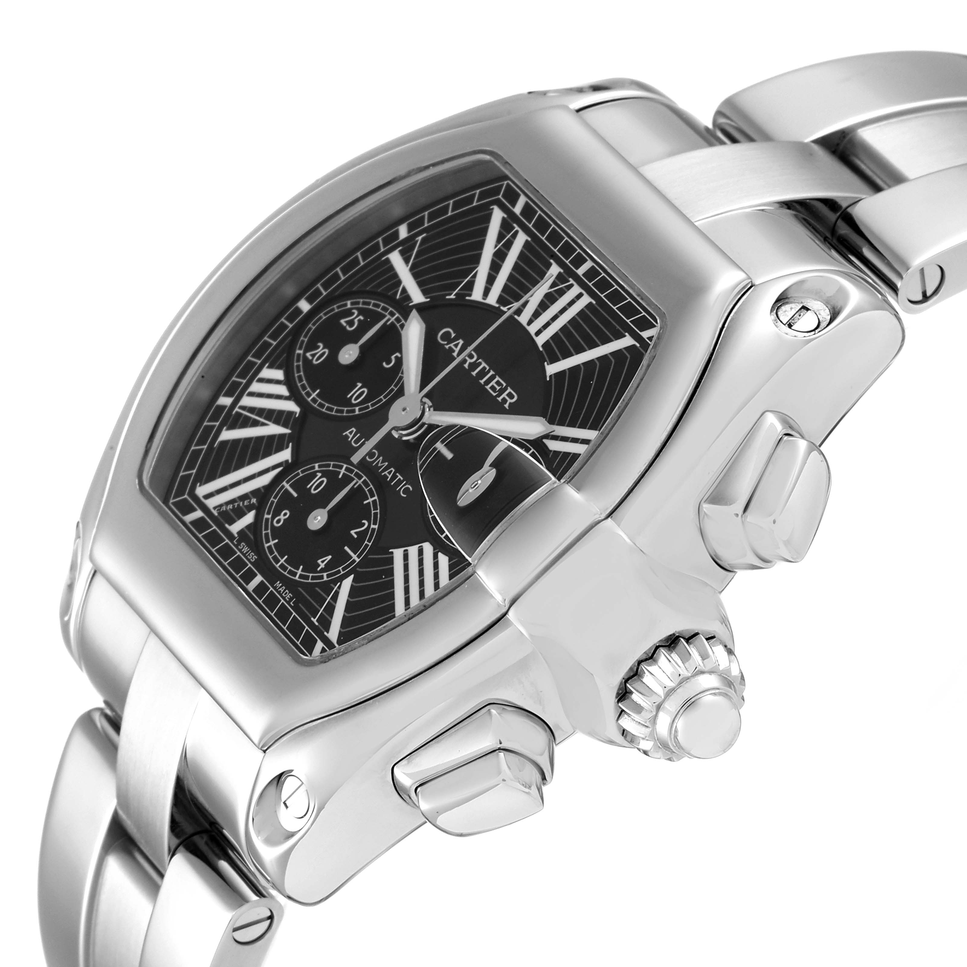 The image shows a close-up, angled view of the Cartier Roadster W62020X6 Men
s Stainless Steel Black Dial W62020X6 Men
s Stainless Steel Black Dial watch, highlighting its face, bezel, pushers, and part of the bracelet.