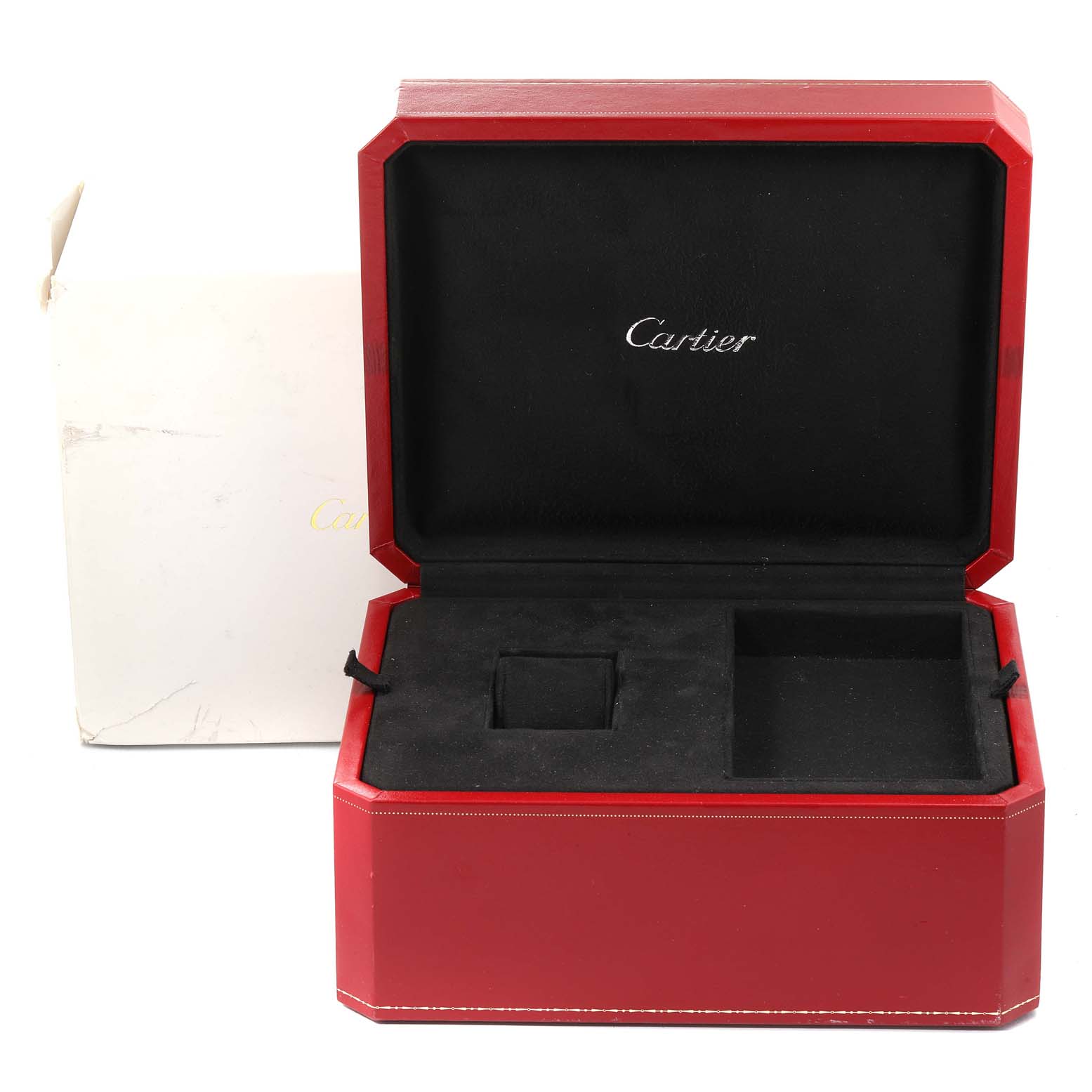 The image shows an open red and black Cartier Roadster W62020X6 Men
s Stainless Steel Black Dial W62020X6 Men
s Stainless Steel Black Dial watch box at a front-facing angle.