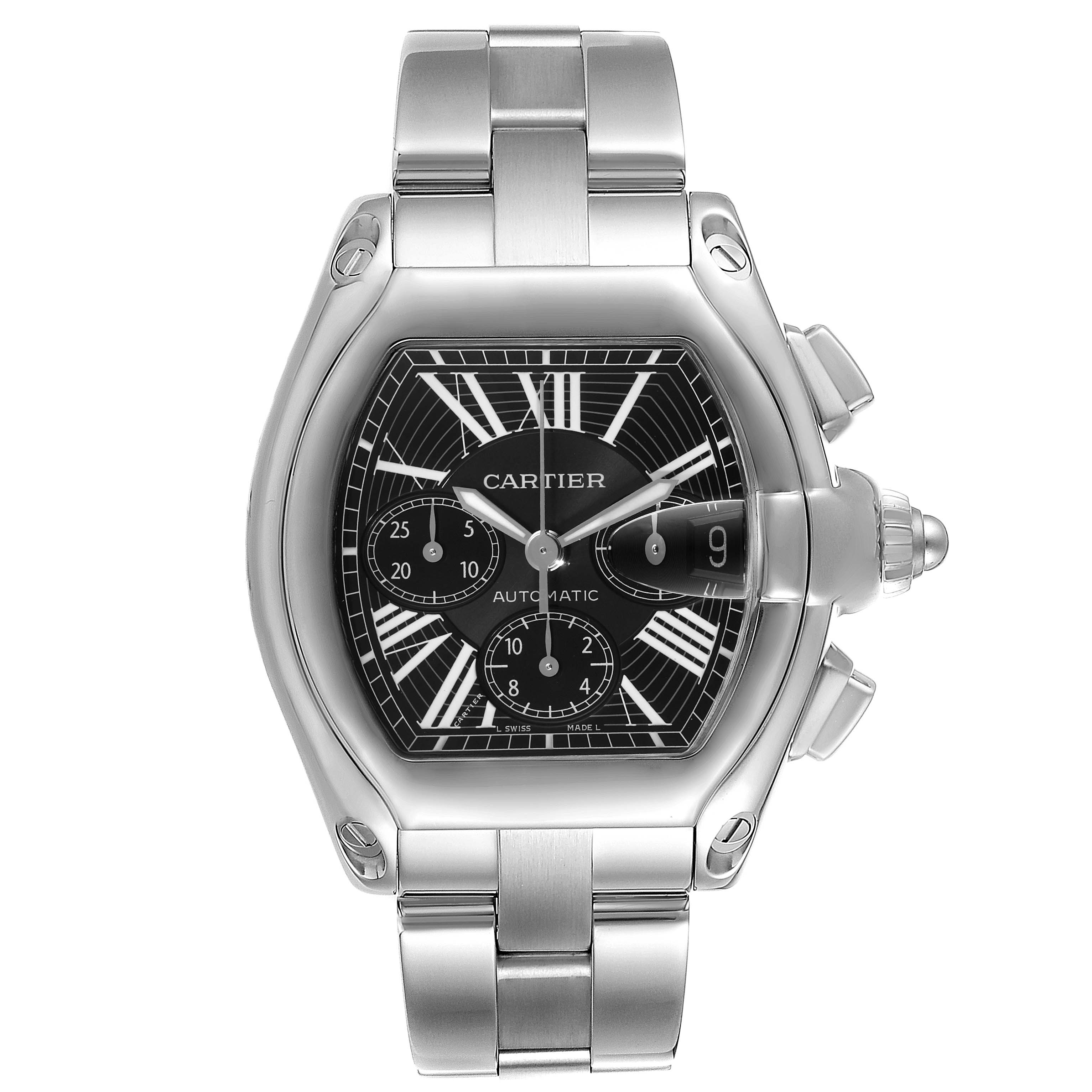 The Cartier Roadster W62020X6 Men
s Stainless Steel Black Dial W62020X6 Men
s Stainless Steel Black Dial watch is shown from a front angle, displaying its face, bracelet, and crown.
