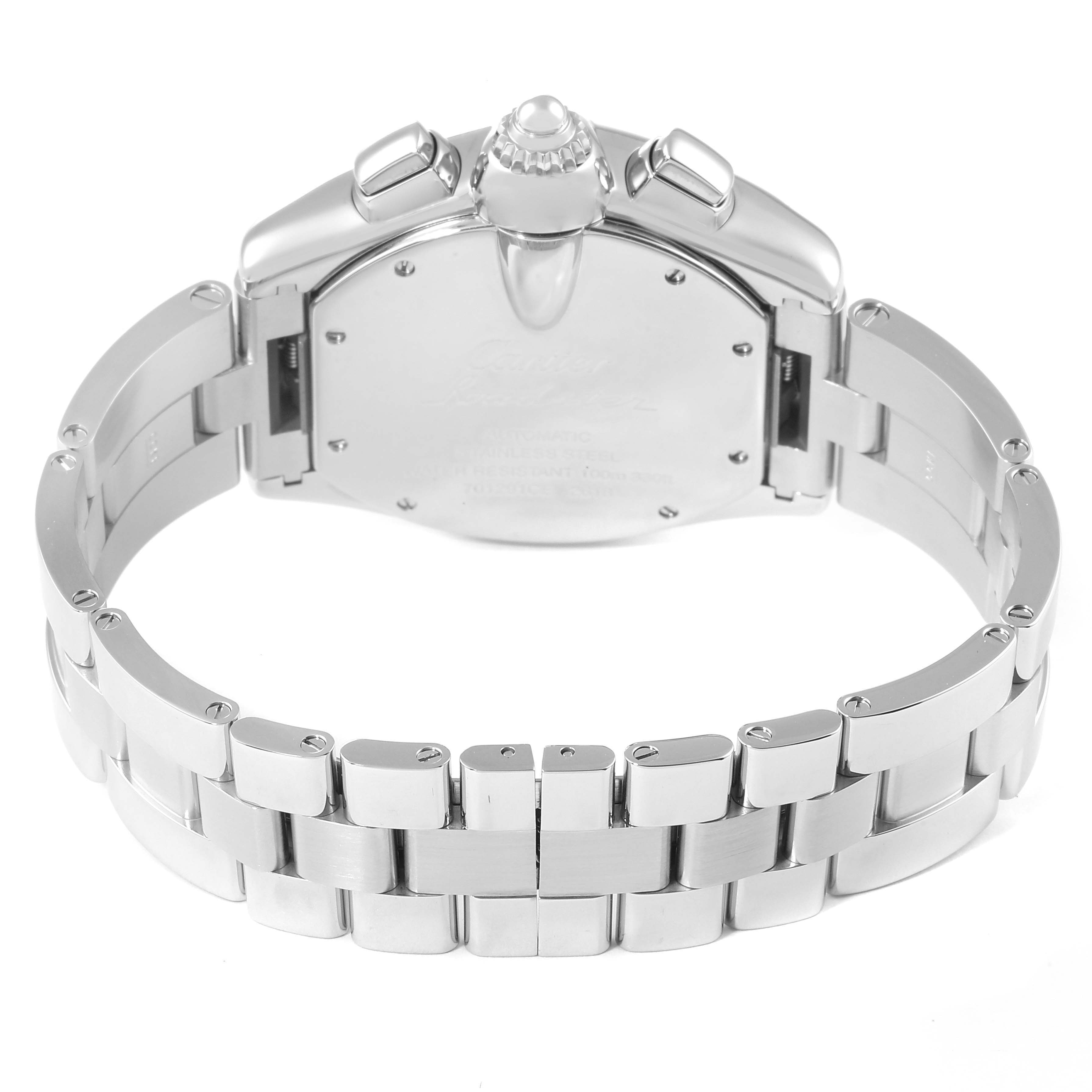 This image shows the back case and metal bracelet of the Cartier Roadster W62020X6 Men
s Stainless Steel Black Dial W62020X6 Men
s Stainless Steel Black Dial watch.