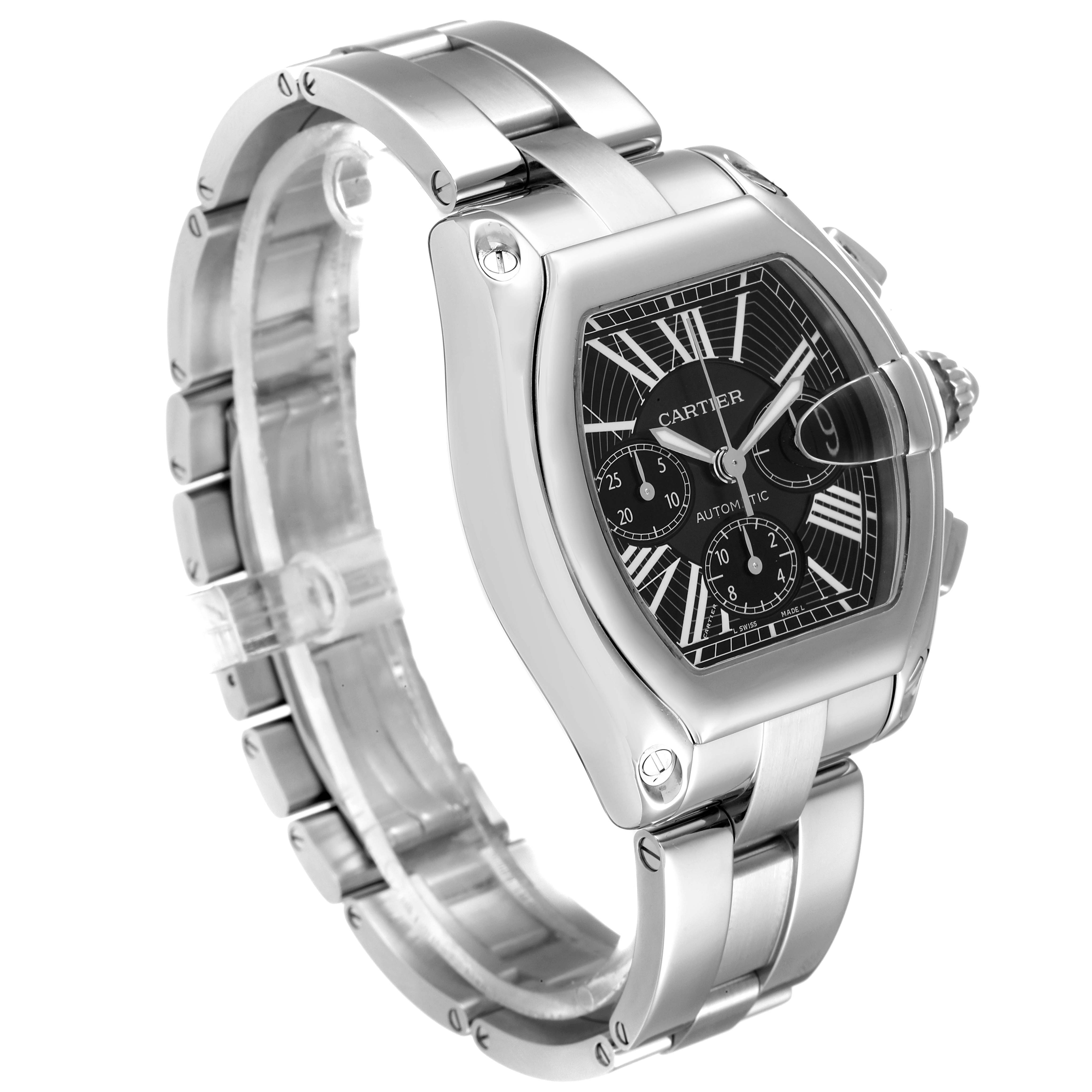 The Cartier Roadster W62020X6 Men
s Stainless Steel Black Dial W62020X6 Men
s Stainless Steel Black Dial watch is shown at a three-quarter angle, highlighting its face, bezel, crown, and bracelet.