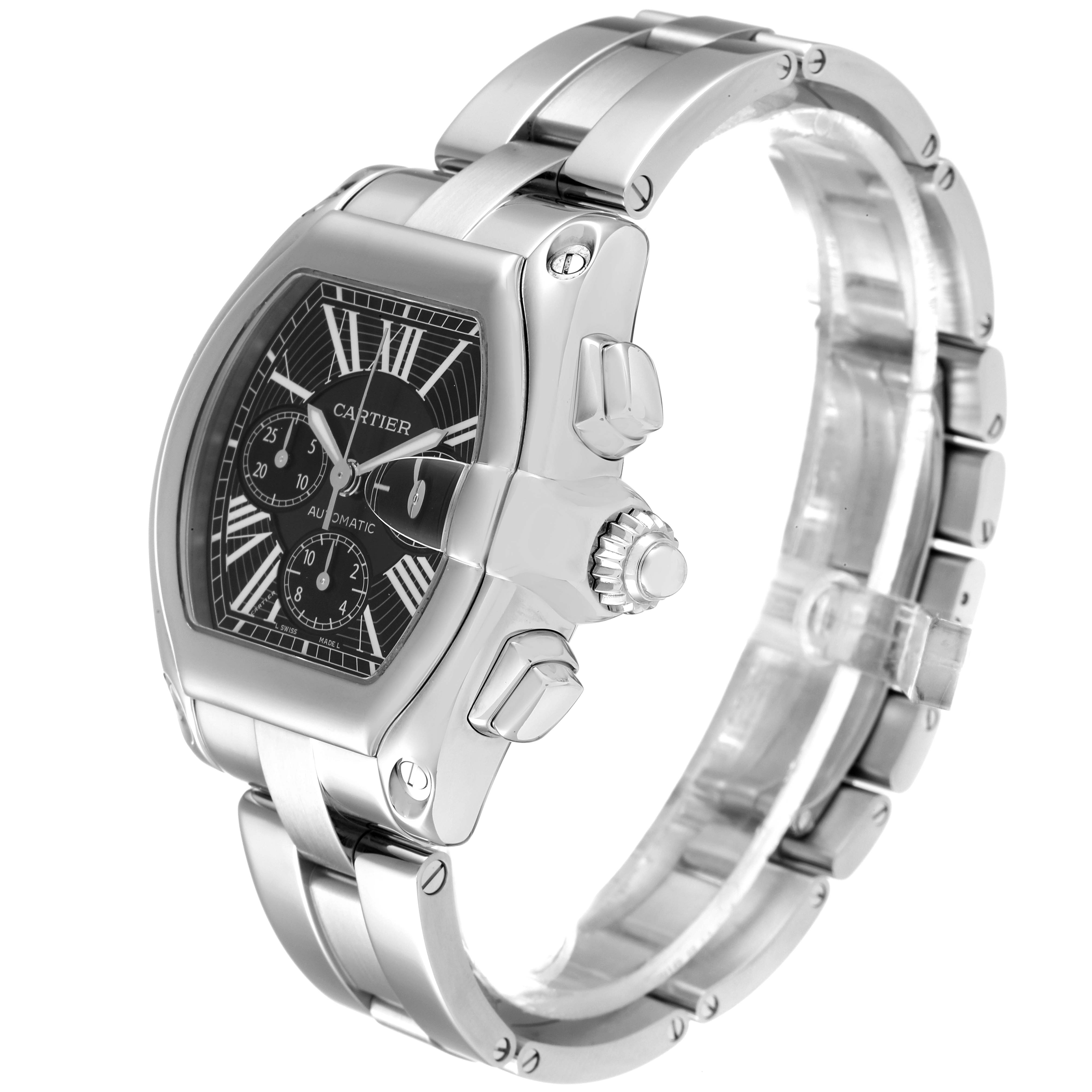 The image shows a side and partial front view of a Cartier Roadster W62020X6 Men
s Stainless Steel Black Dial W62020X6 Men
s Stainless Steel Black Dial watch, highlighting the face, crown, and metal bracelet.