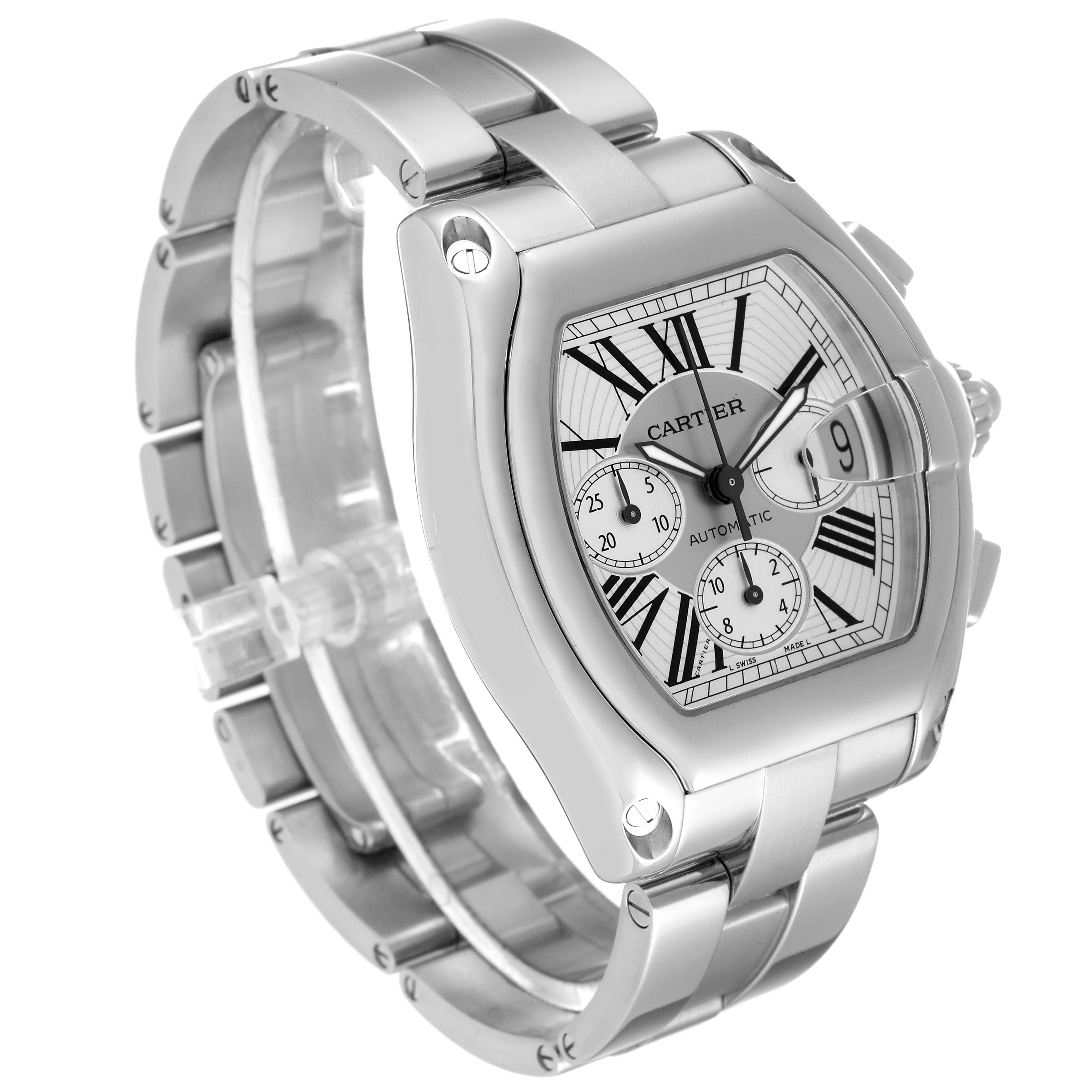 The Cartier Roadster W62019X6 Men's Stainless Steel Silver Dial W62019X6 Men's Stainless Steel Silver Dial watch is shown at a front angle, displaying its face, bezel, bracelet, and side pushers.