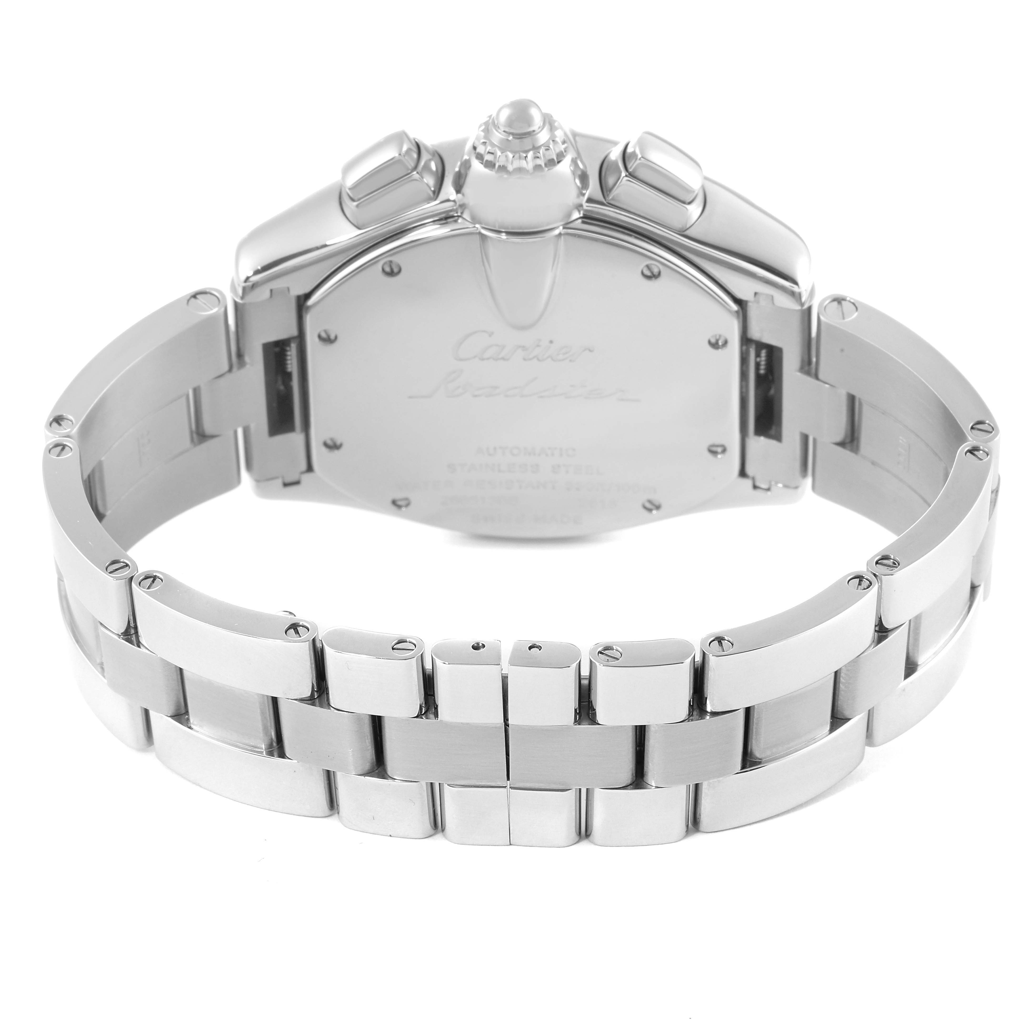 This image shows the back view of the Cartier Roadster W62019X6 Men's Stainless Steel Silver Dial W62019X6 Men's Stainless Steel Silver Dial watch, highlighting the bracelet, lugs, and caseback.