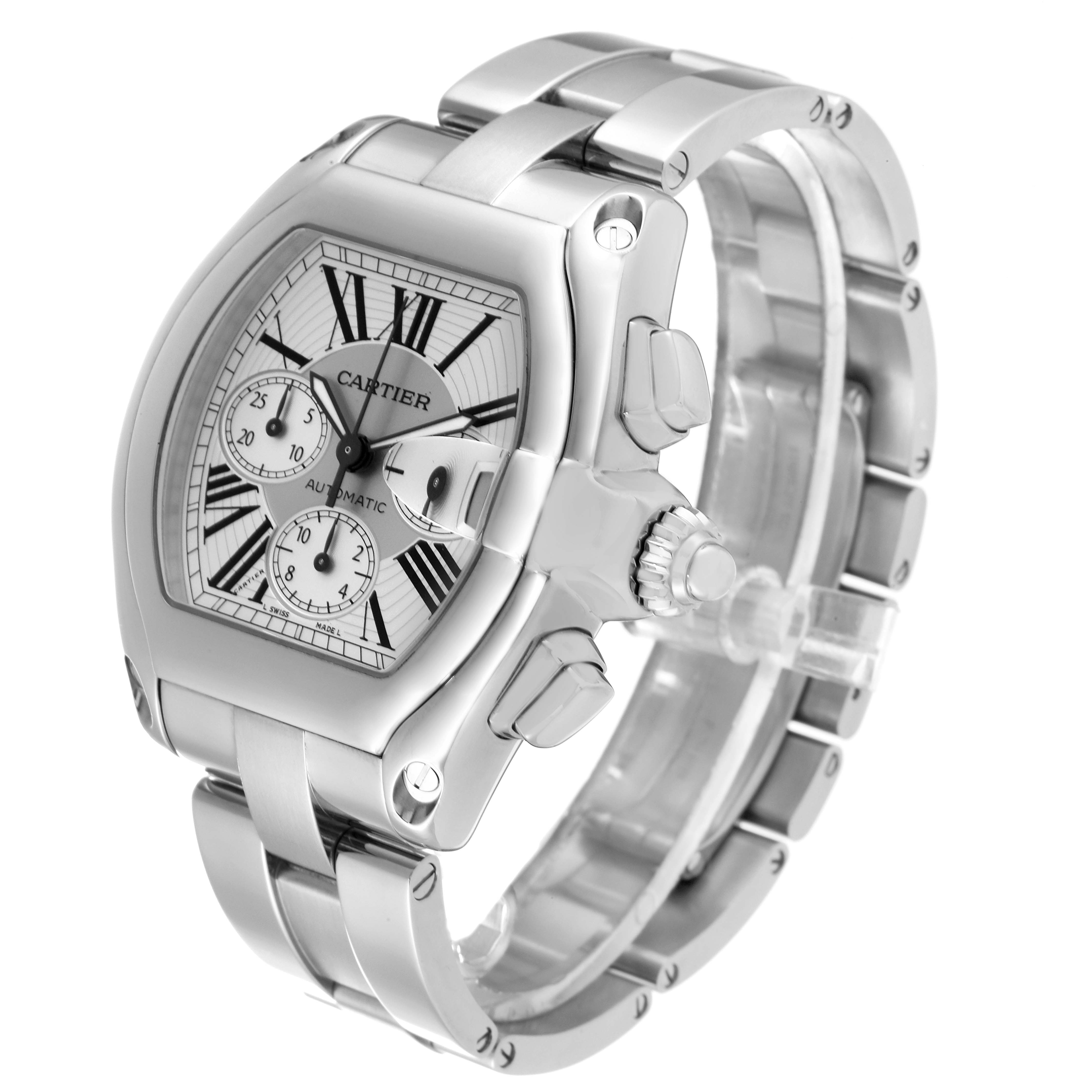 The Cartier Roadster W62019X6 Men's Stainless Steel Silver Dial W62019X6 Men's Stainless Steel Silver Dial watch is shown at an angle highlighting its silver case, bracelet, crown, and dial with Roman numerals and chronograph functions.
