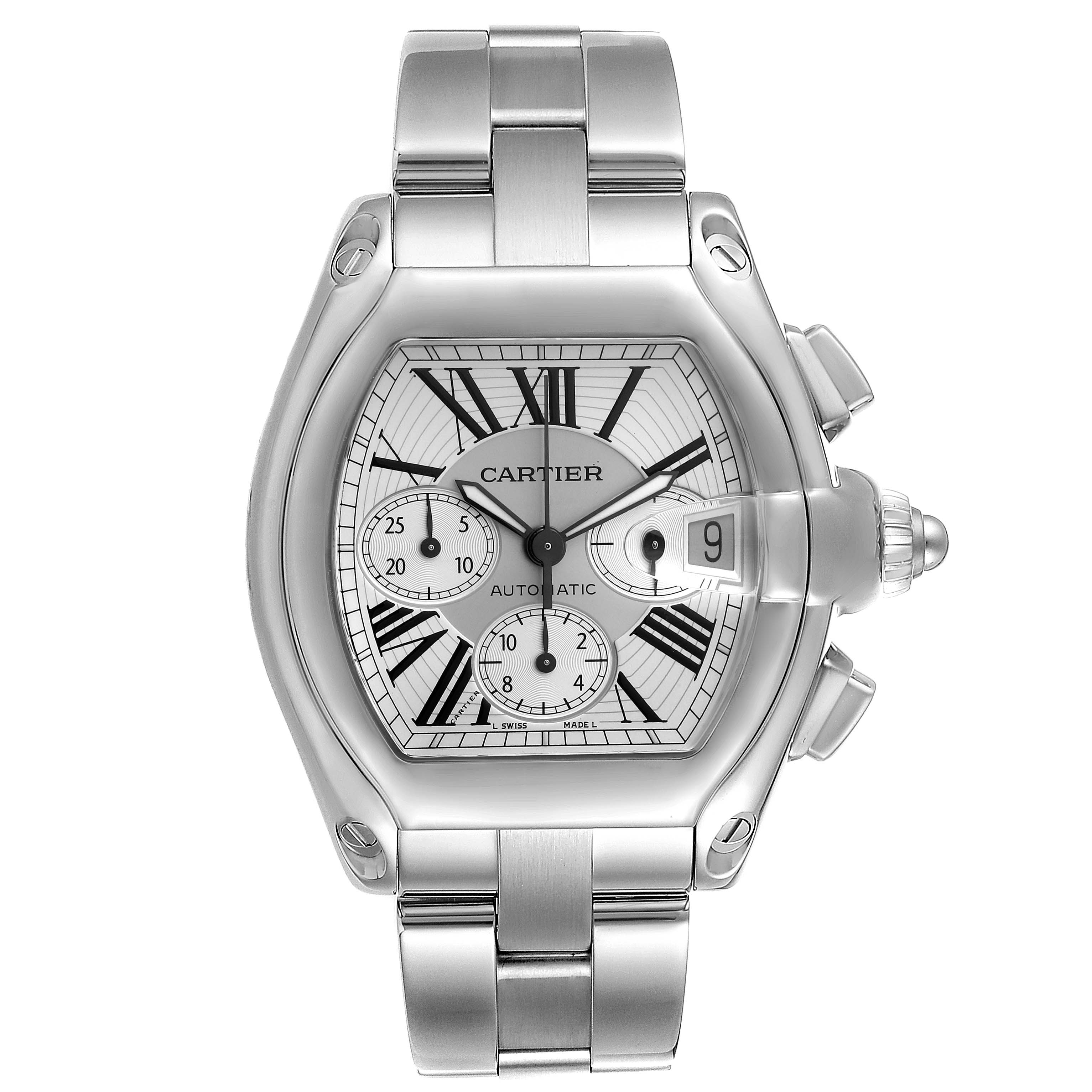 The image shows a frontal view of the Cartier Roadster W62019X6 Men's Stainless Steel Silver Dial W62019X6 Men's Stainless Steel Silver Dial watch, displaying its dial, bracelet, and date window.