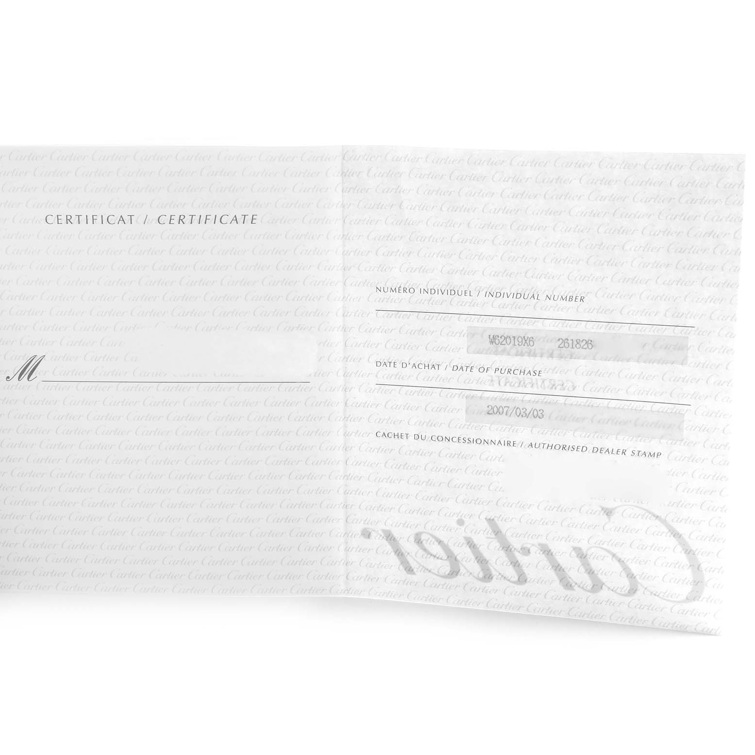 The image shows the authenticity certificate for a Cartier Roadster W62019X6 Men's Stainless Steel Silver Dial W62019X6 Men's Stainless Steel Silver Dial watch, displaying purchase date and individual number.