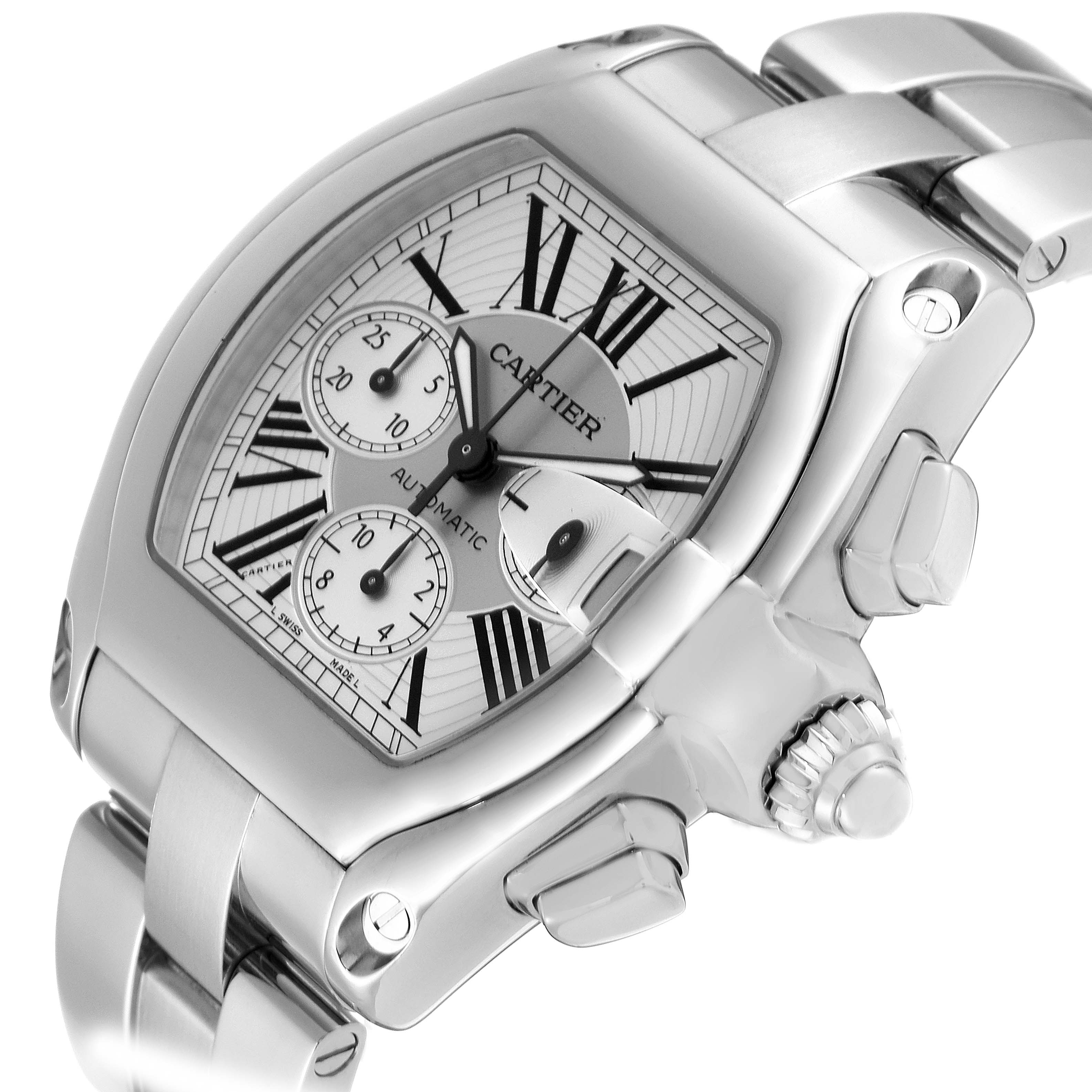 The image shows a Cartier Roadster W62019X6 Men's Stainless Steel Silver Dial W62019X6 Men's Stainless Steel Silver Dial watch at an angle highlighting the dial, case, crown, and part of the bracelet.