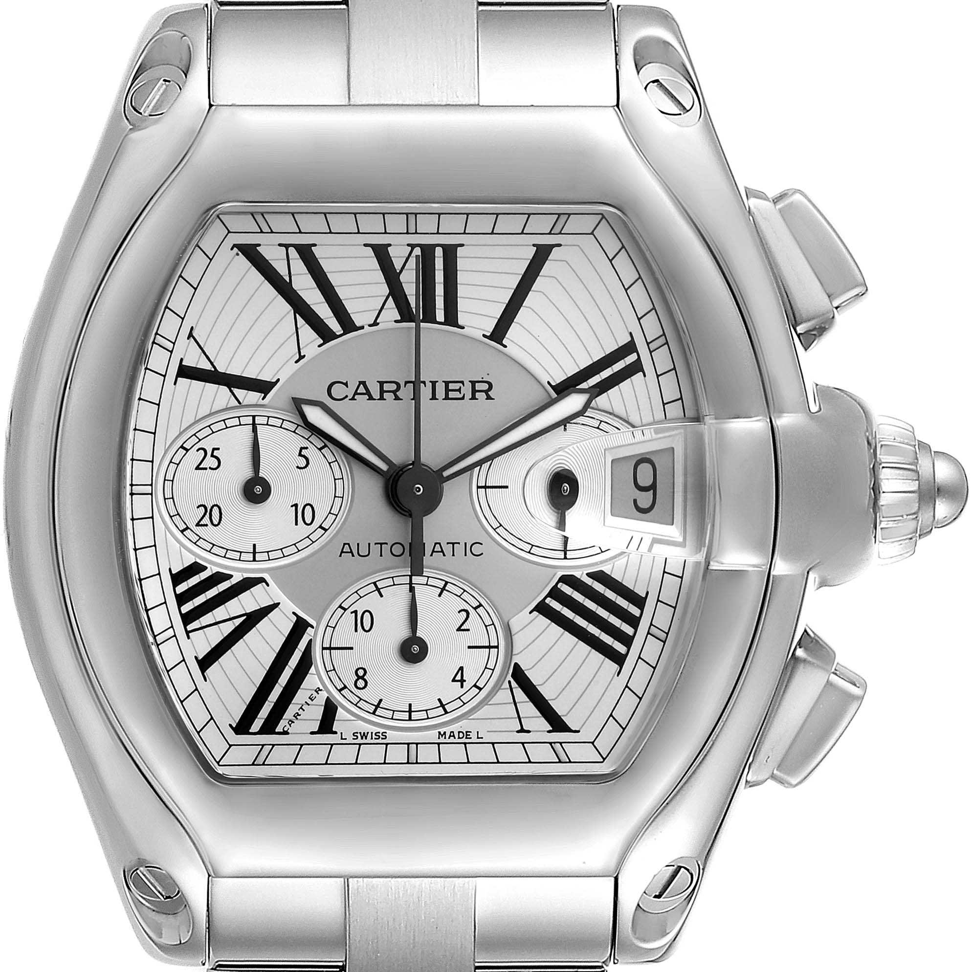 The Cartier Roadster W62019X6 Men's Stainless Steel Silver Dial W62019X6 Men's Stainless Steel Silver Dial watch is shown from a front angle, displaying its face, case, chronograph dials, and crown with a date window.