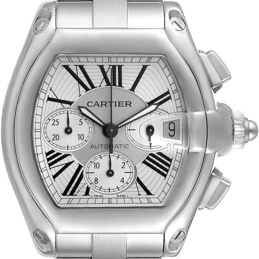 Cartier Roadster XL Chronograph Silver Dial Steel Mens Watch W62019X6 Box Papers SwissWatchExpo
