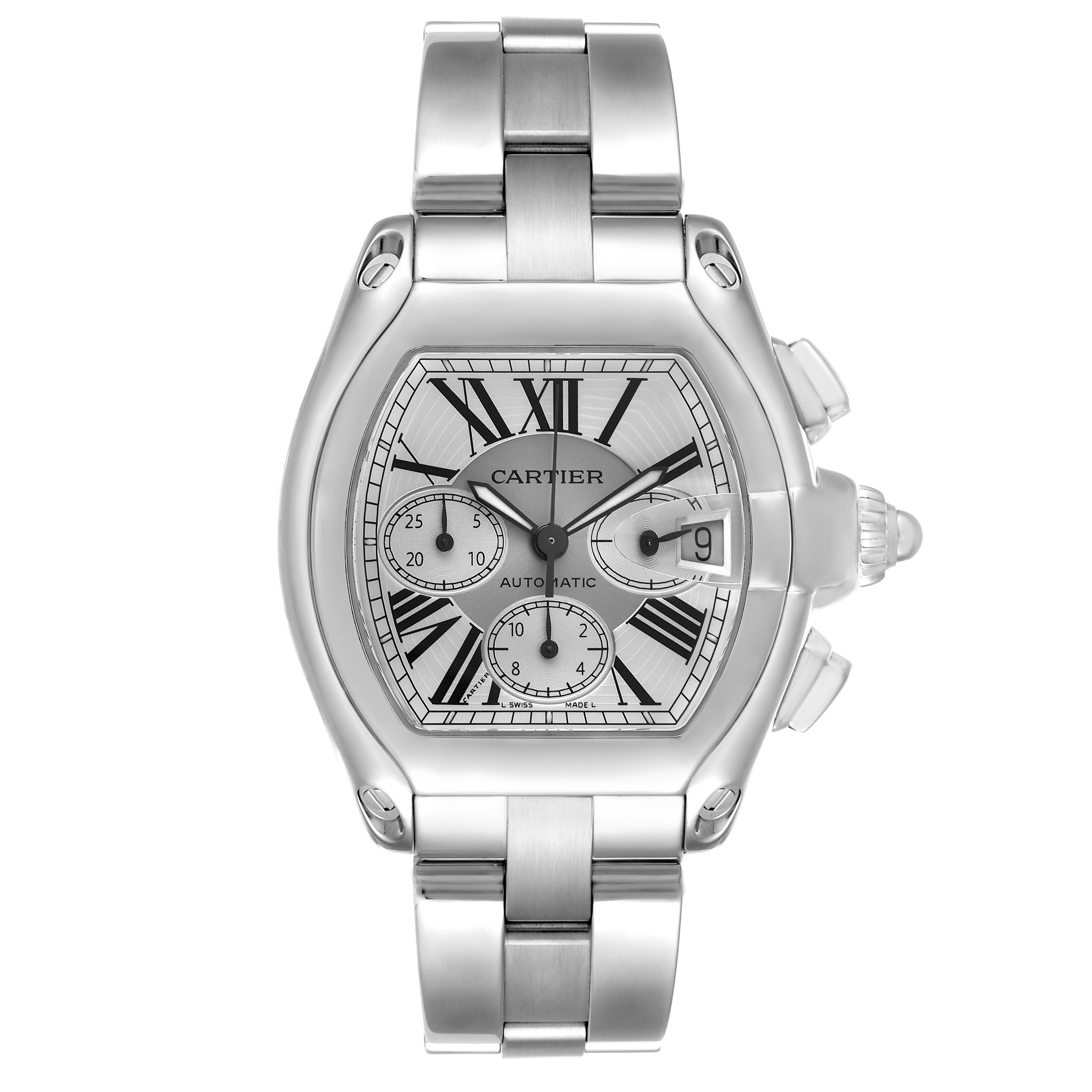 The Cartier Roadster W62019X6 Men's Stainless Steel Silver Dial watch is shown from a front angle, displaying its dial, bracelet, and crown details.