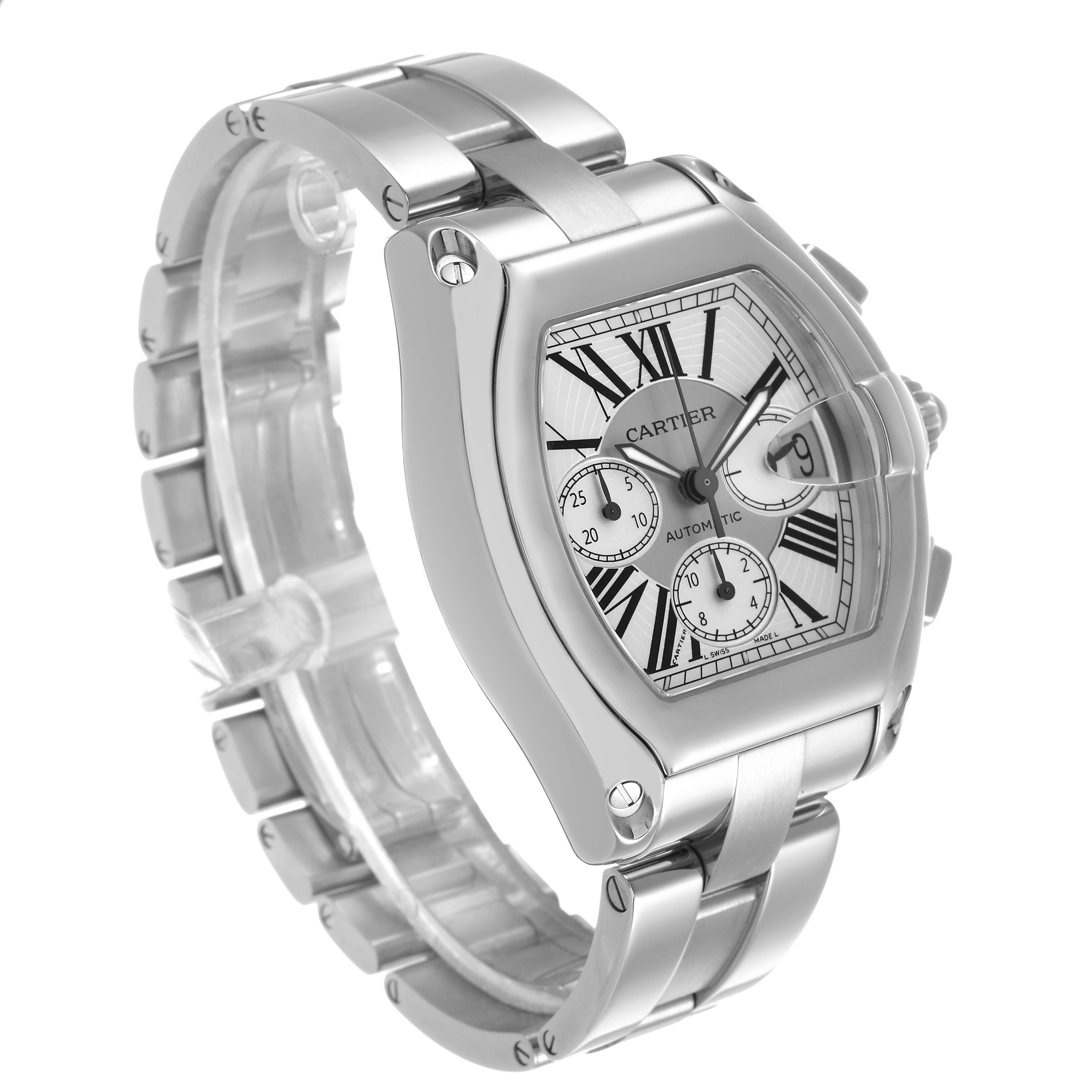 The Cartier Roadster W62019X6 Men's Stainless Steel Silver Dial watch is shown at an oblique angle, highlighting its face, case, bracelet, and exposed screws.