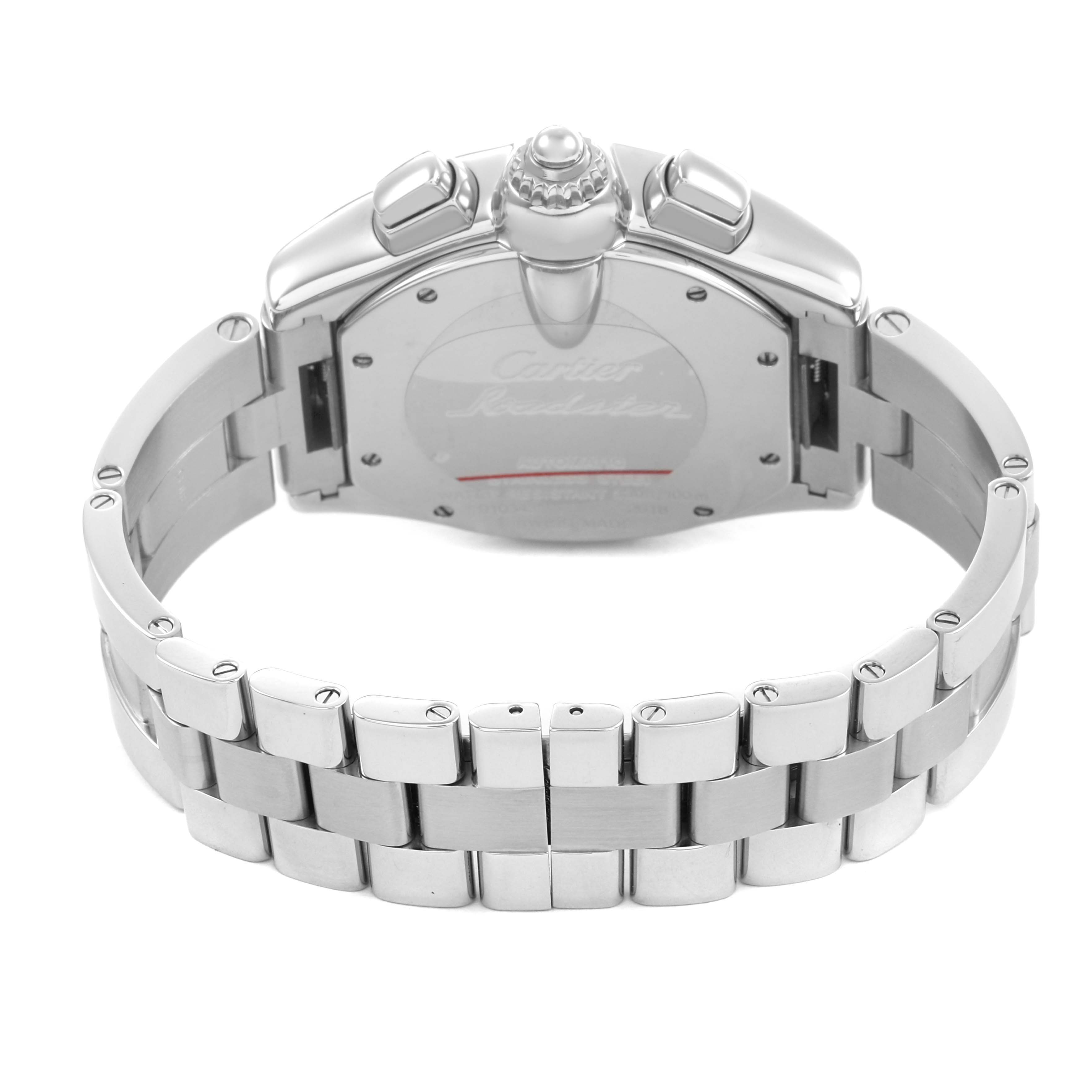 The Cartier Roadster W62019X6 Men's Stainless Steel Silver Dial watch is shown from the back, displaying the bracelet and case back.