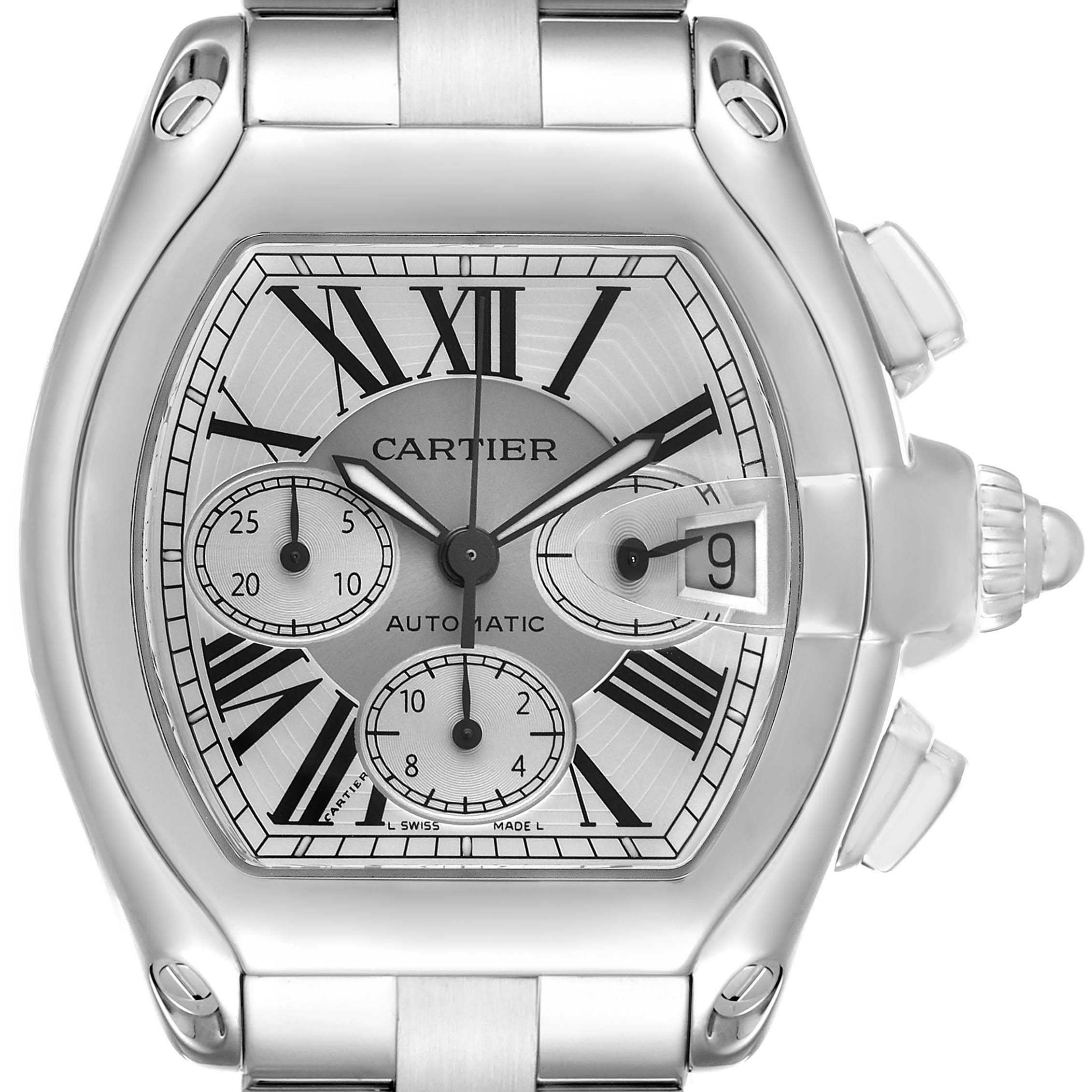 The Cartier Roadster W62019X6 Men's Stainless Steel Silver Dial watch is shown from the front, displaying the dial, hands, subdials, and date window.