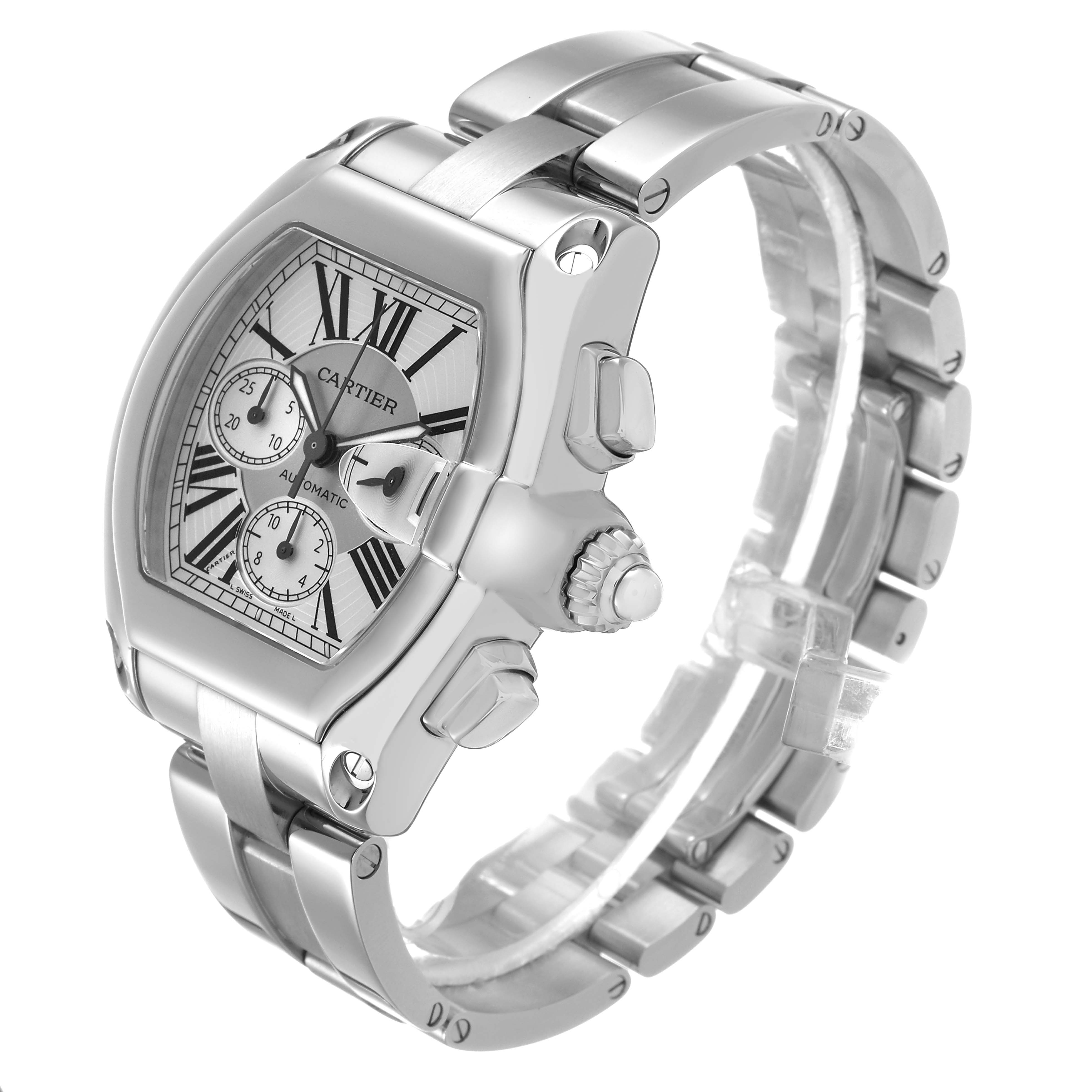 The Cartier Roadster W62019X6 Men's Stainless Steel Silver Dial watch is shown at a three-quarter angle, highlighting the face, crown, chronograph dials, and bracelet.