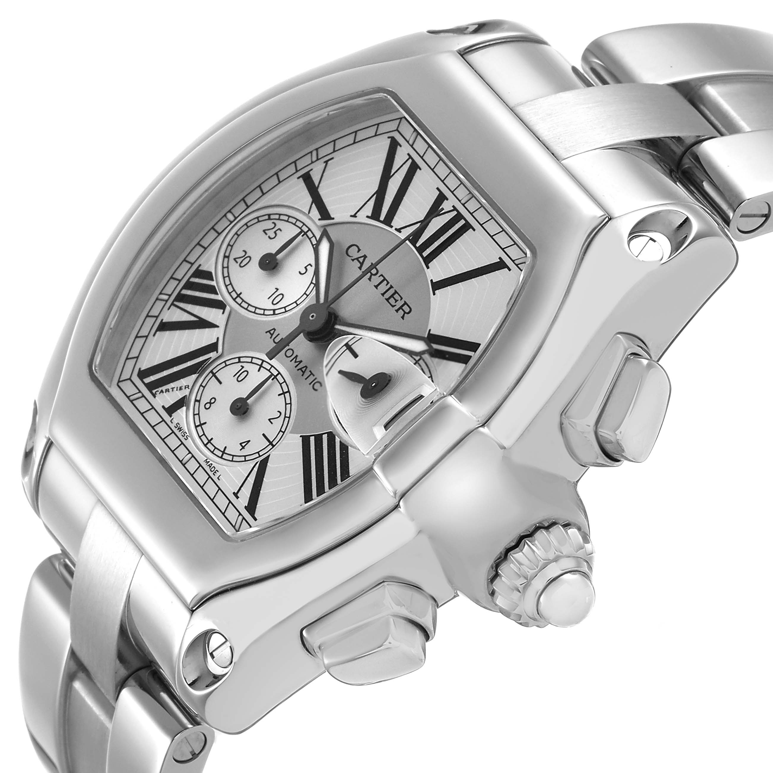 The Cartier Roadster W62019X6 Men's Stainless Steel Silver Dial watch is shown at an angled side view, highlighting the case, dial, and crown.