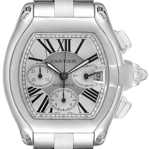 The Cartier Roadster W62019X6 Men's Stainless Steel Silver Dial watch is shown from the front, highlighting its dial, Roman numerals, subdials, and date window.
