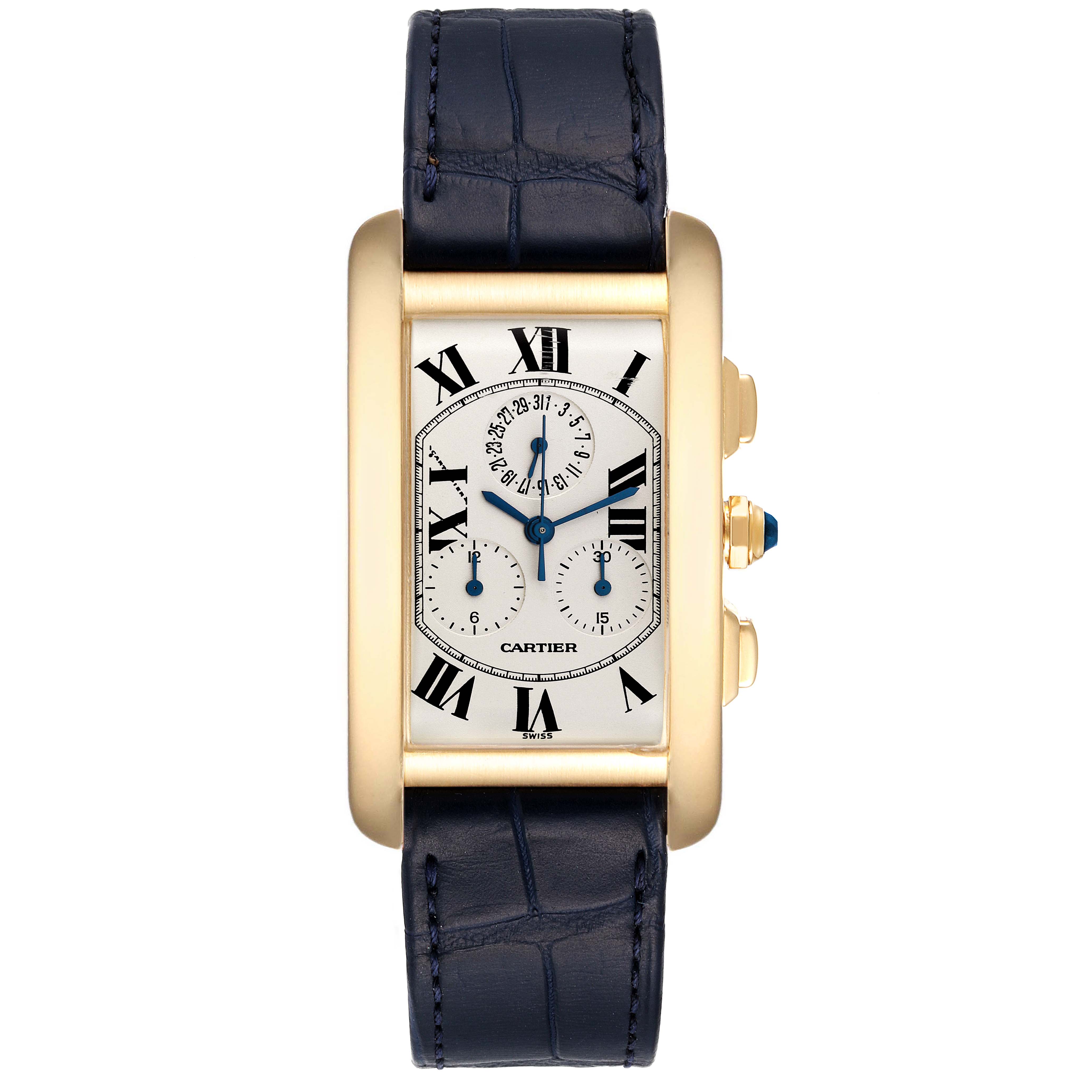 This image shows a frontal view of the Cartier Tank Americaine W2601156 Men's Yellow Gold Silver Dial W2601156 Men's Yellow Gold Silver Dial watch with a rectangular face, blue hands, and a black leather strap.